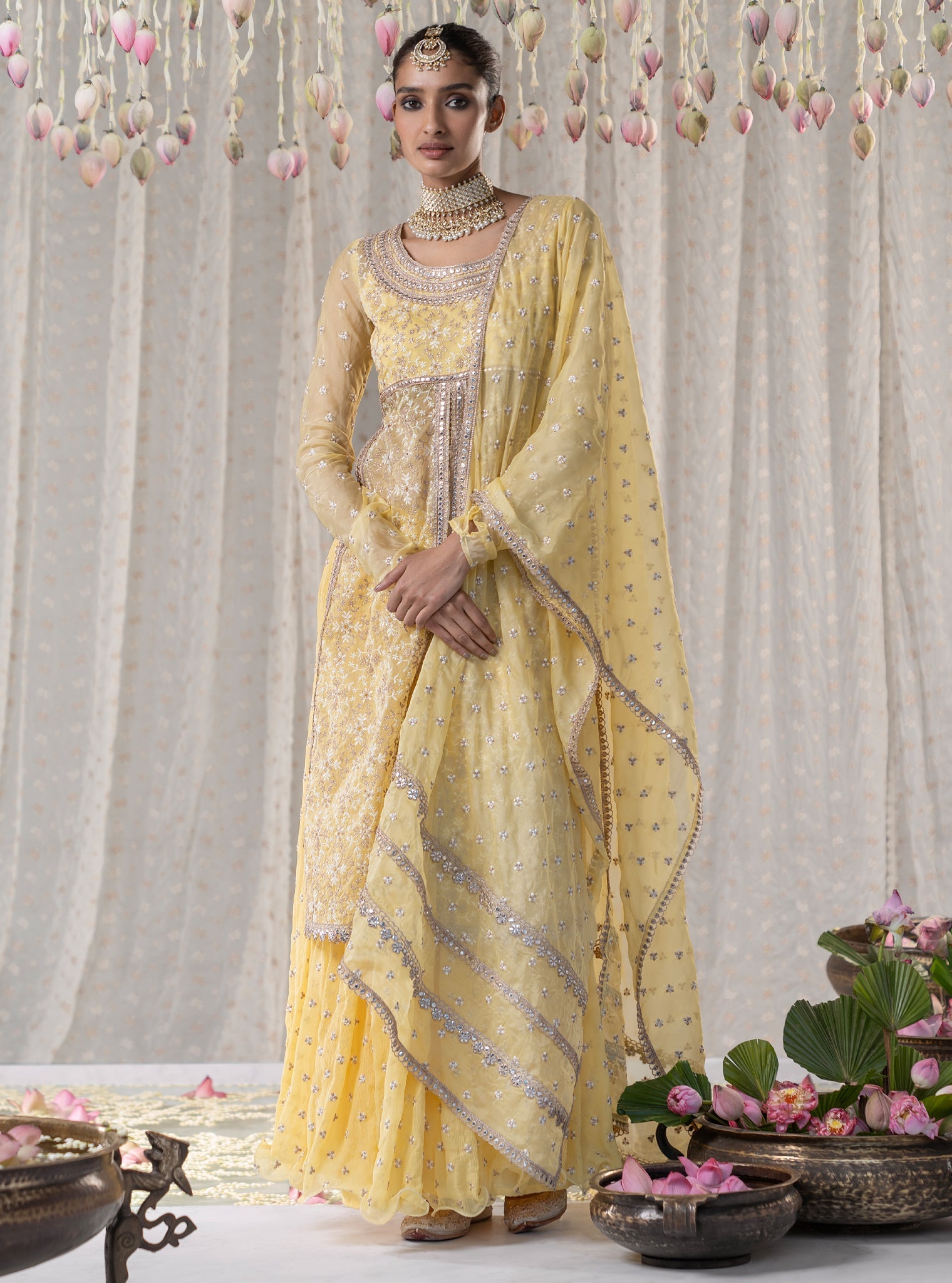Sajda Organza Yellow Kurta with Skirt Set