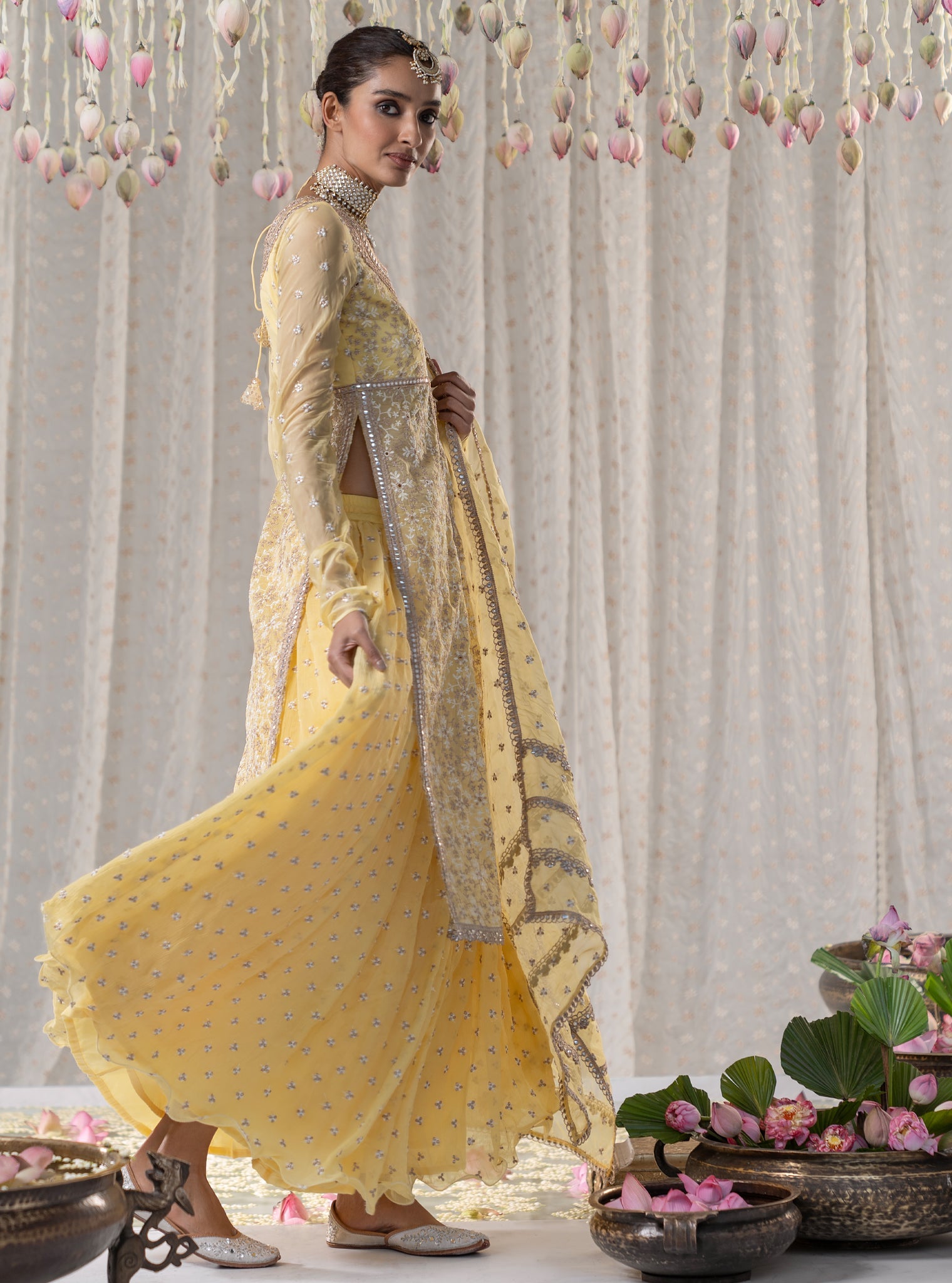 Sajda Organza Yellow Kurta with Skirt Set