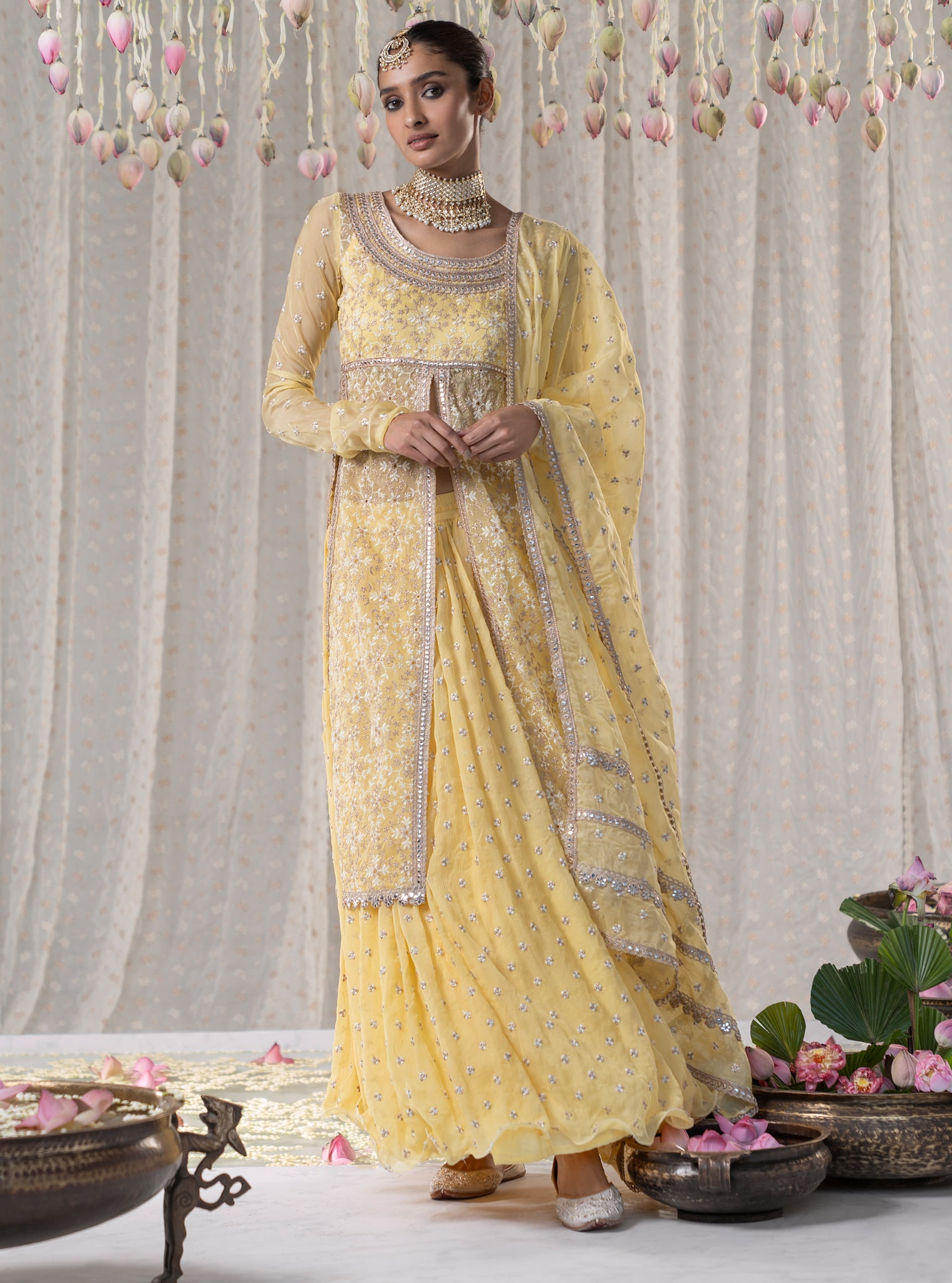 Sajda Organza Yellow Kurta with Skirt Set