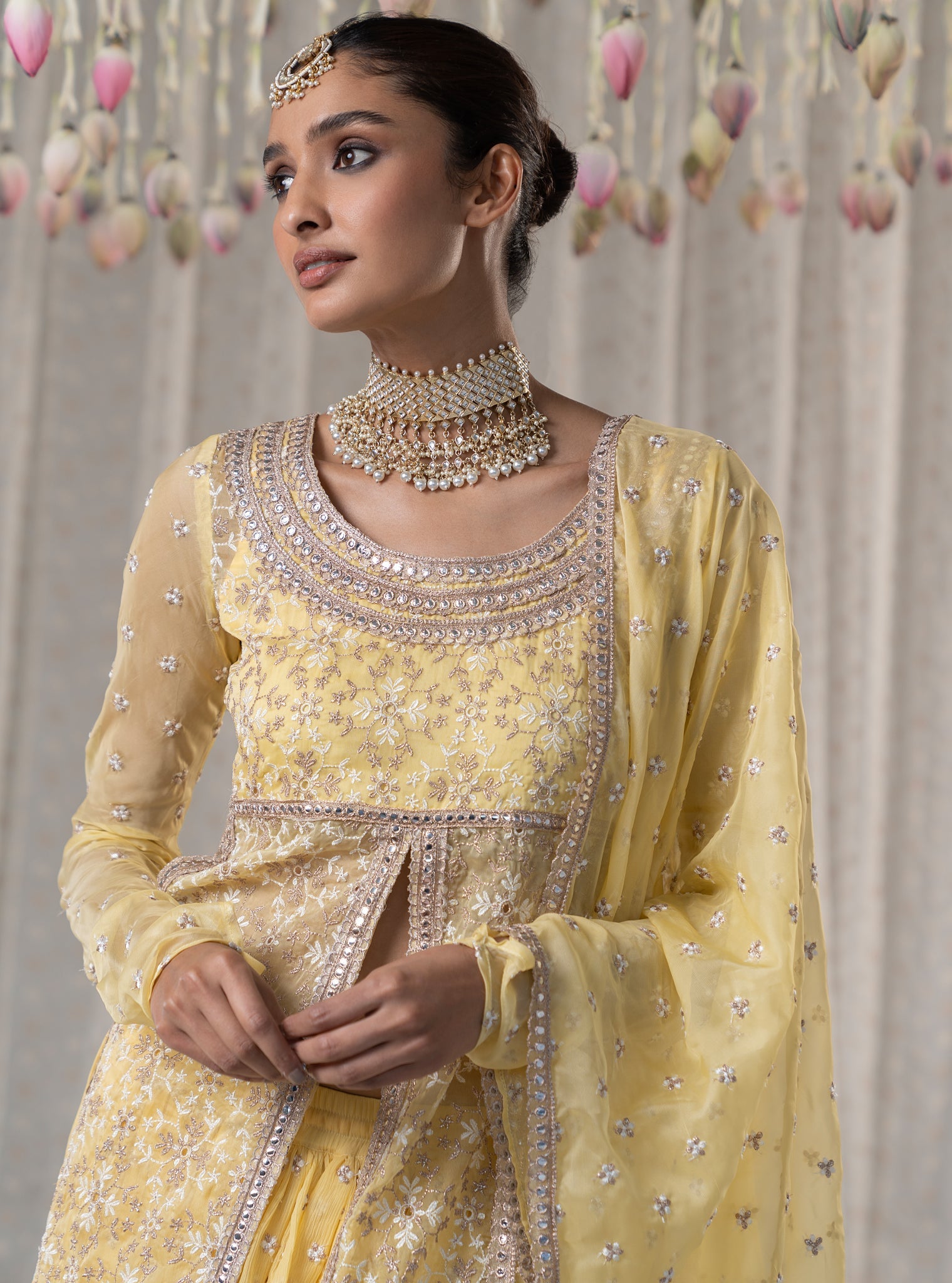 Sajda Organza Yellow Kurta with Skirt Set