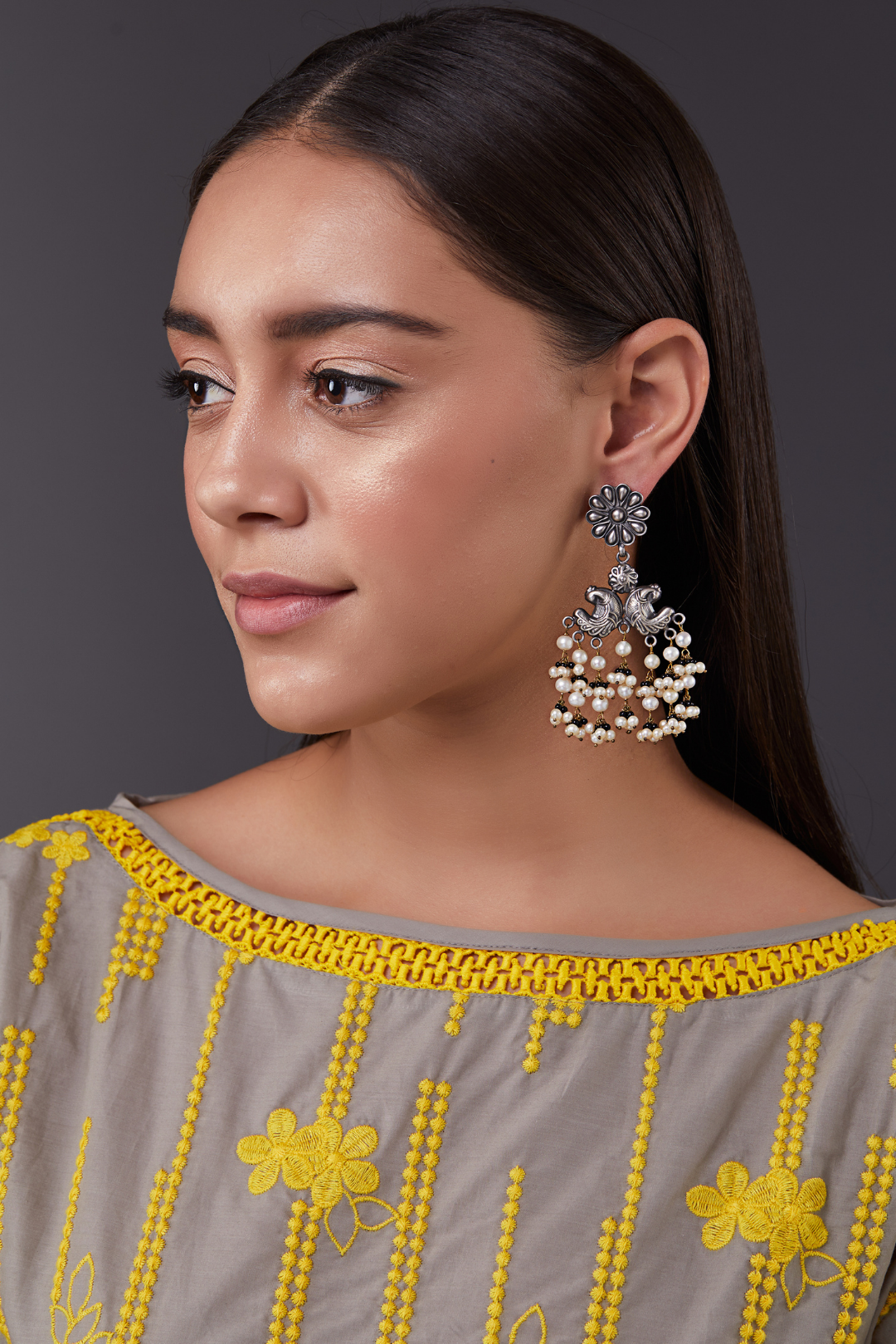 Pure Silver Floral Peacock Black Tourmaline Earrings