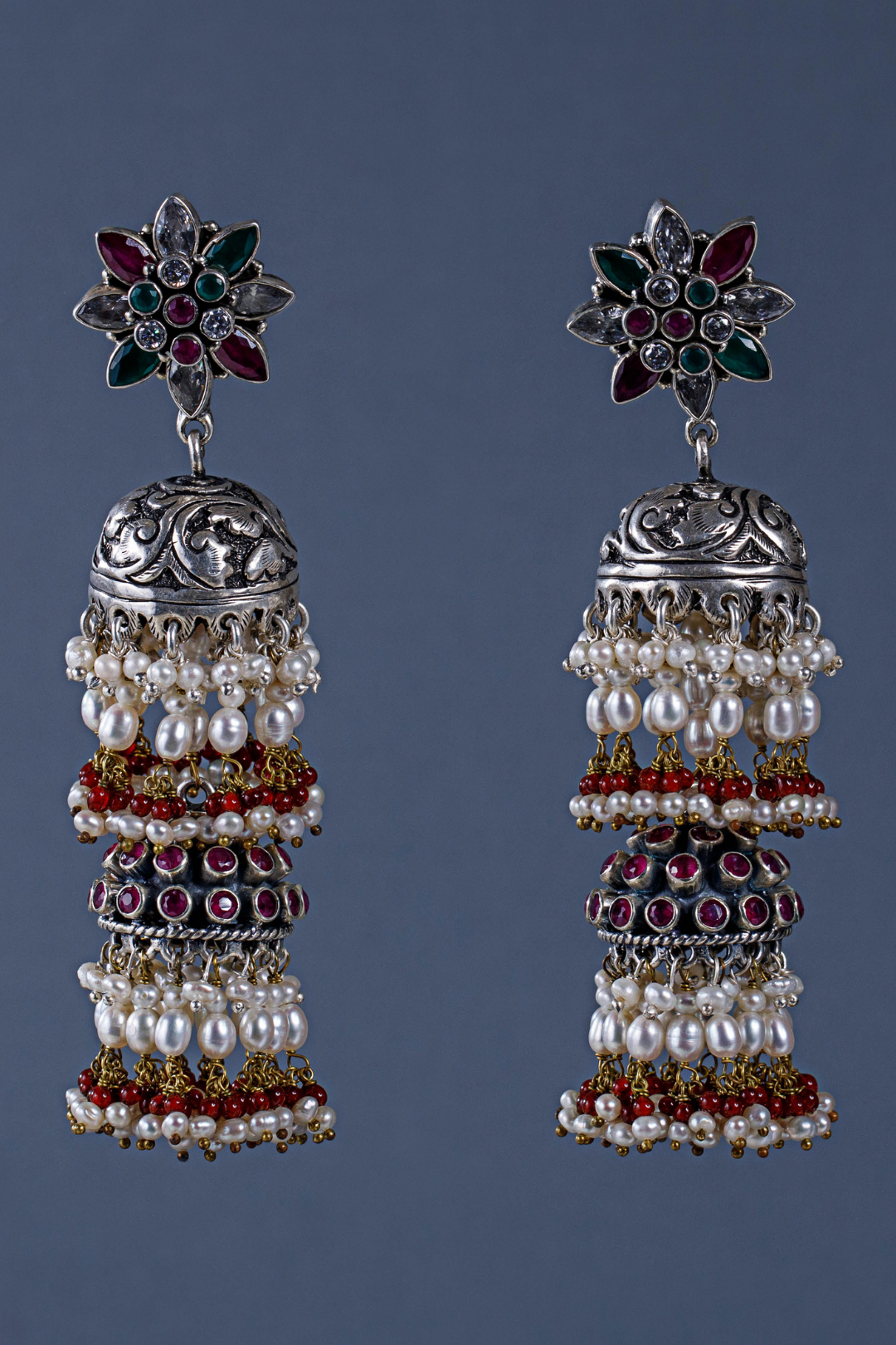Pure Silver Lotus Double Jhumkas