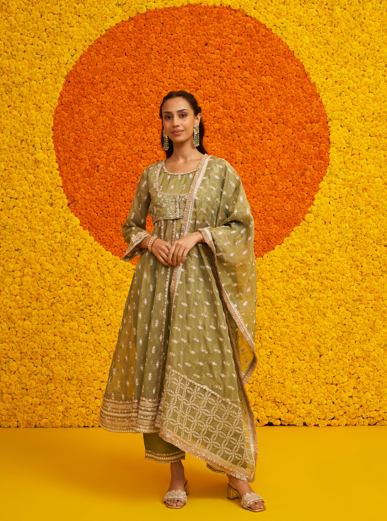 Genda Royal Tissue Sage Green Anarkali Kurta Set