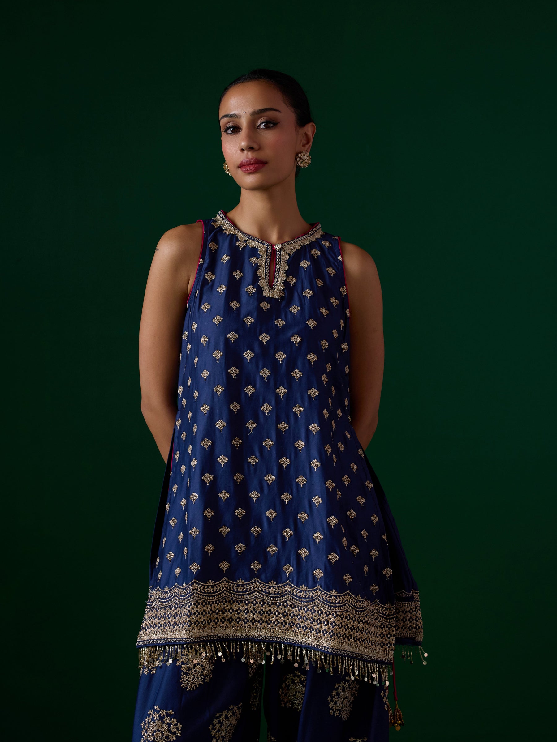 Sugandh Pima Satin Blue Kurta With Farshi Salwar