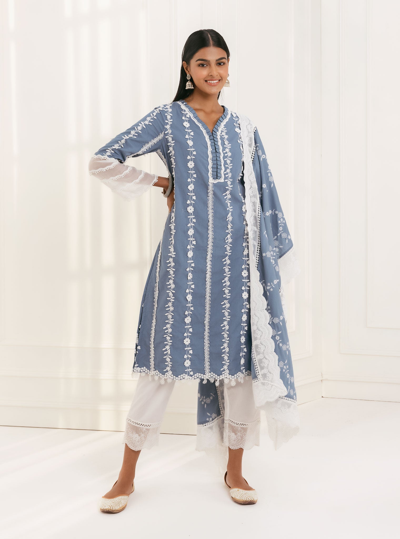 Mulmul Supima Cotton Emb Organza Sacllop White Pant