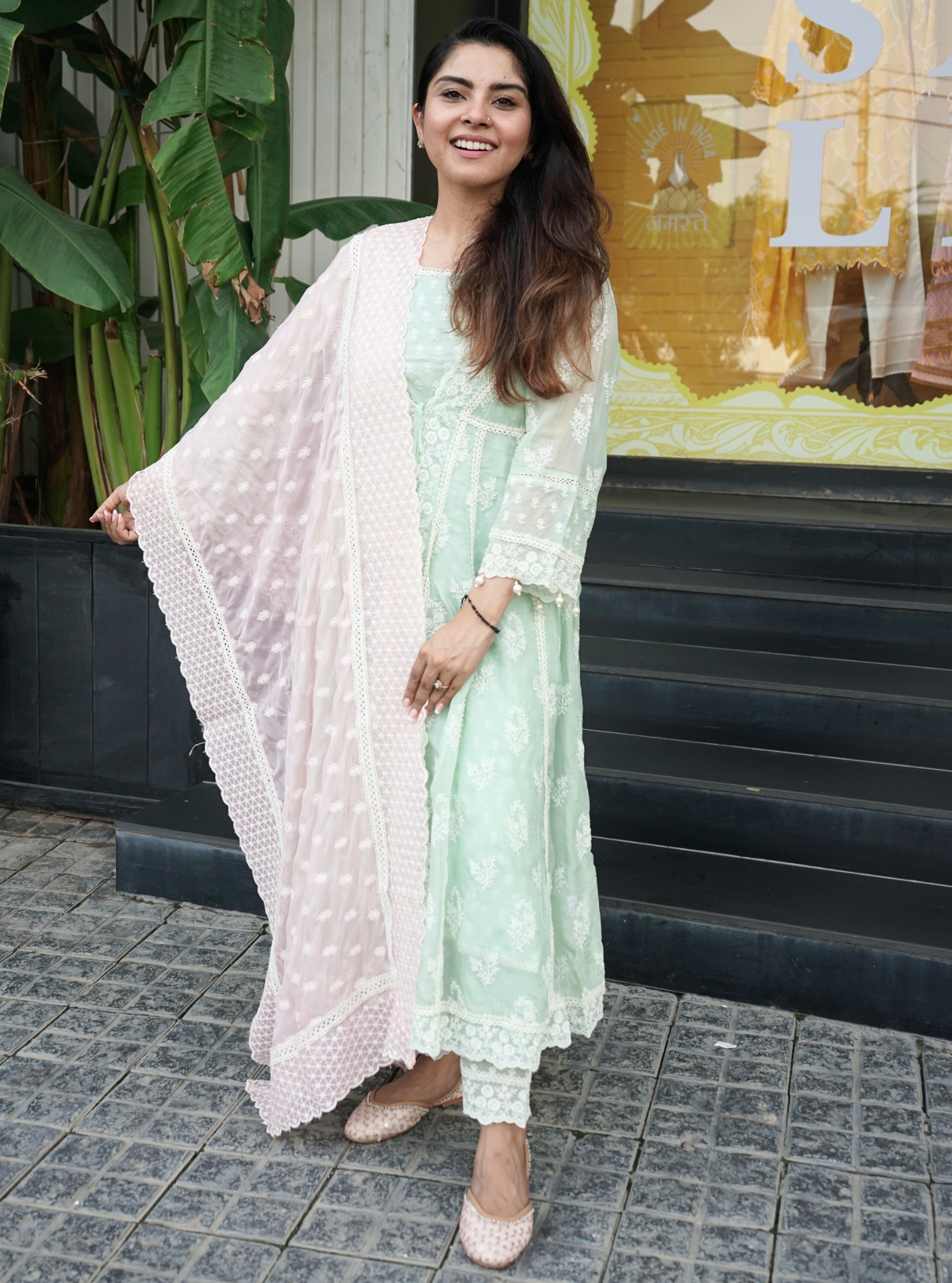 Aberdeen Organza Anarkali Green Kurta with Jacket Set