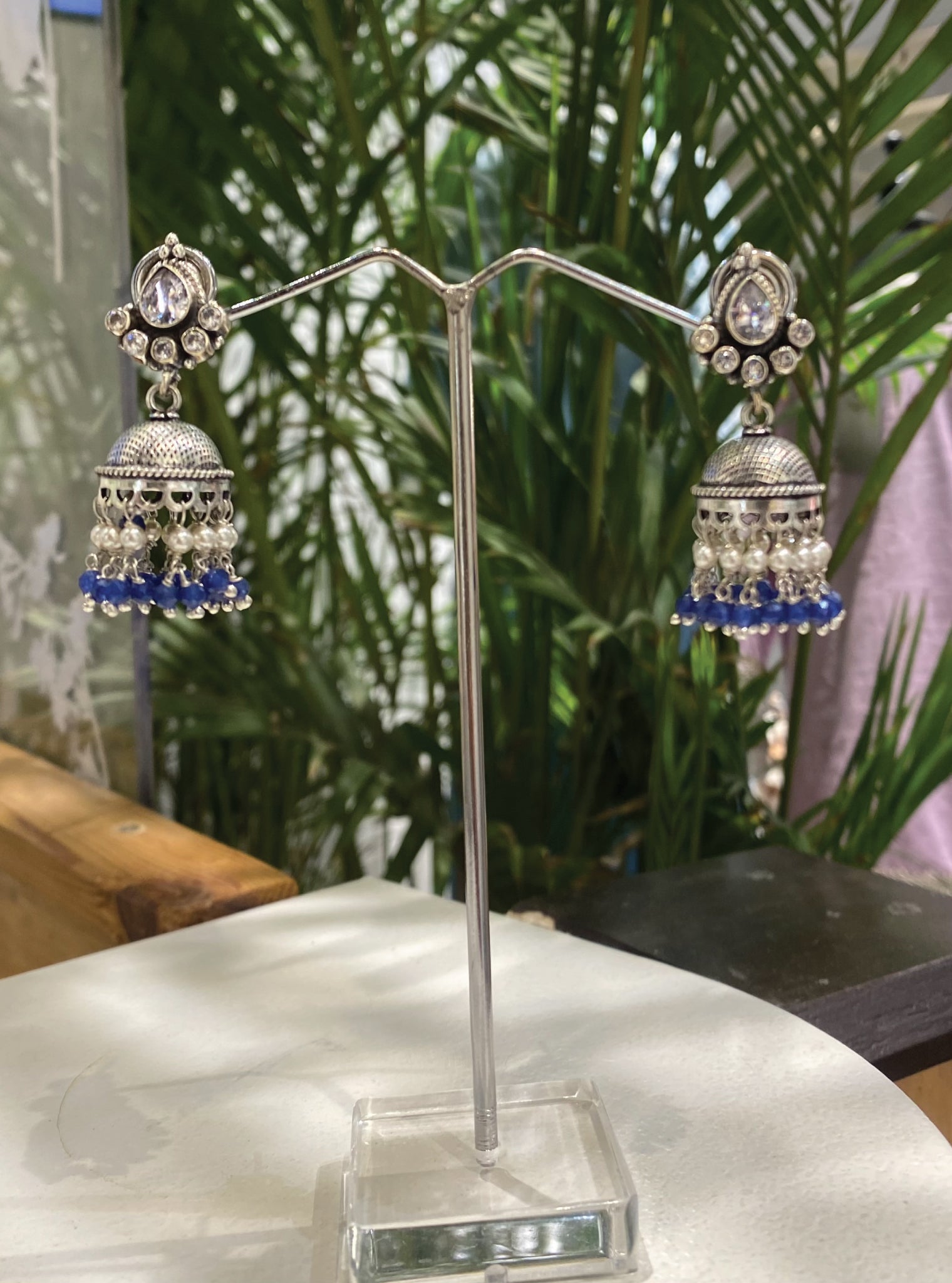 Pure Silver Stone Antique Jhumki Earrings