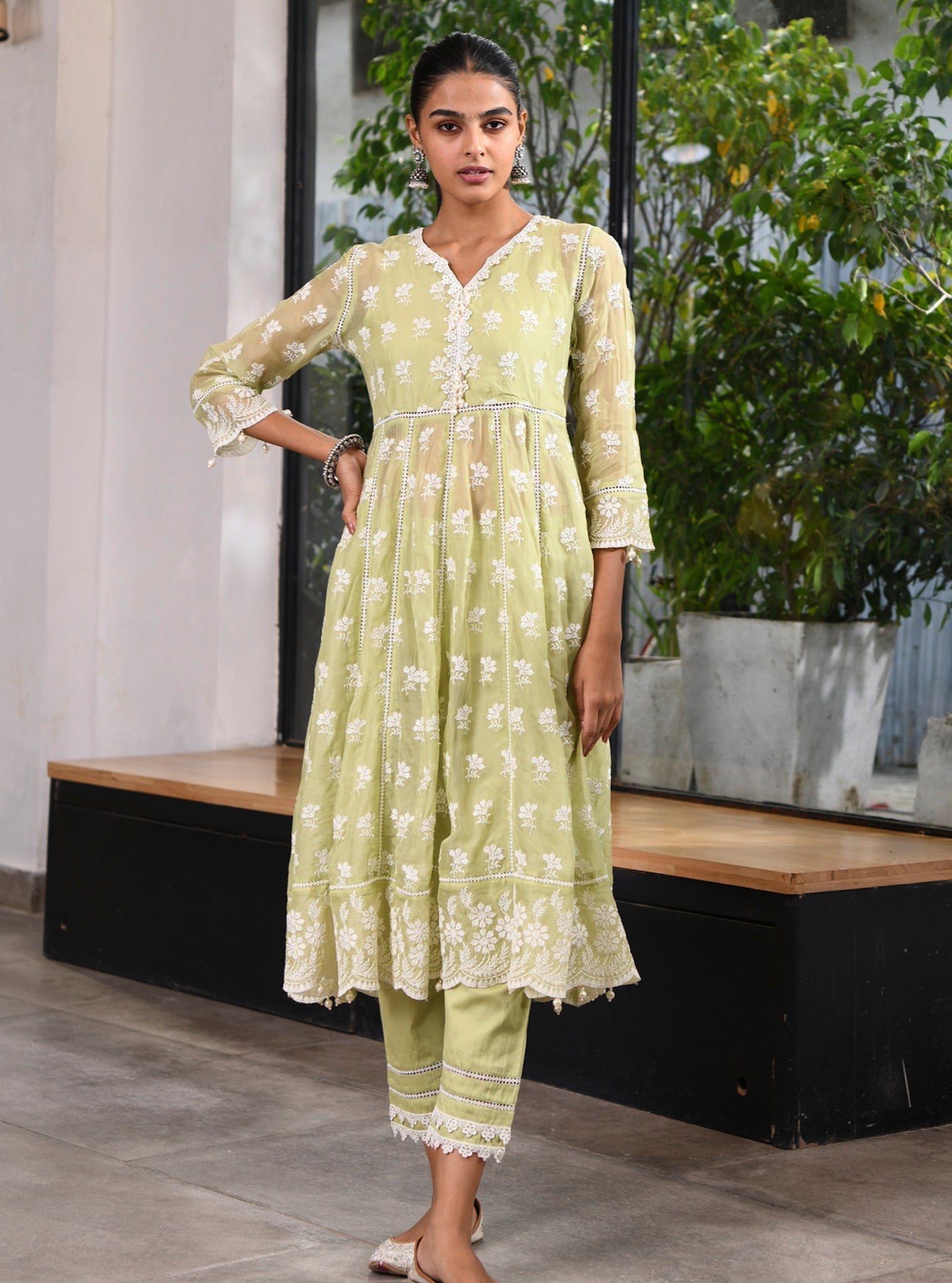 Surla Organza Green Anarkali Kurta Set