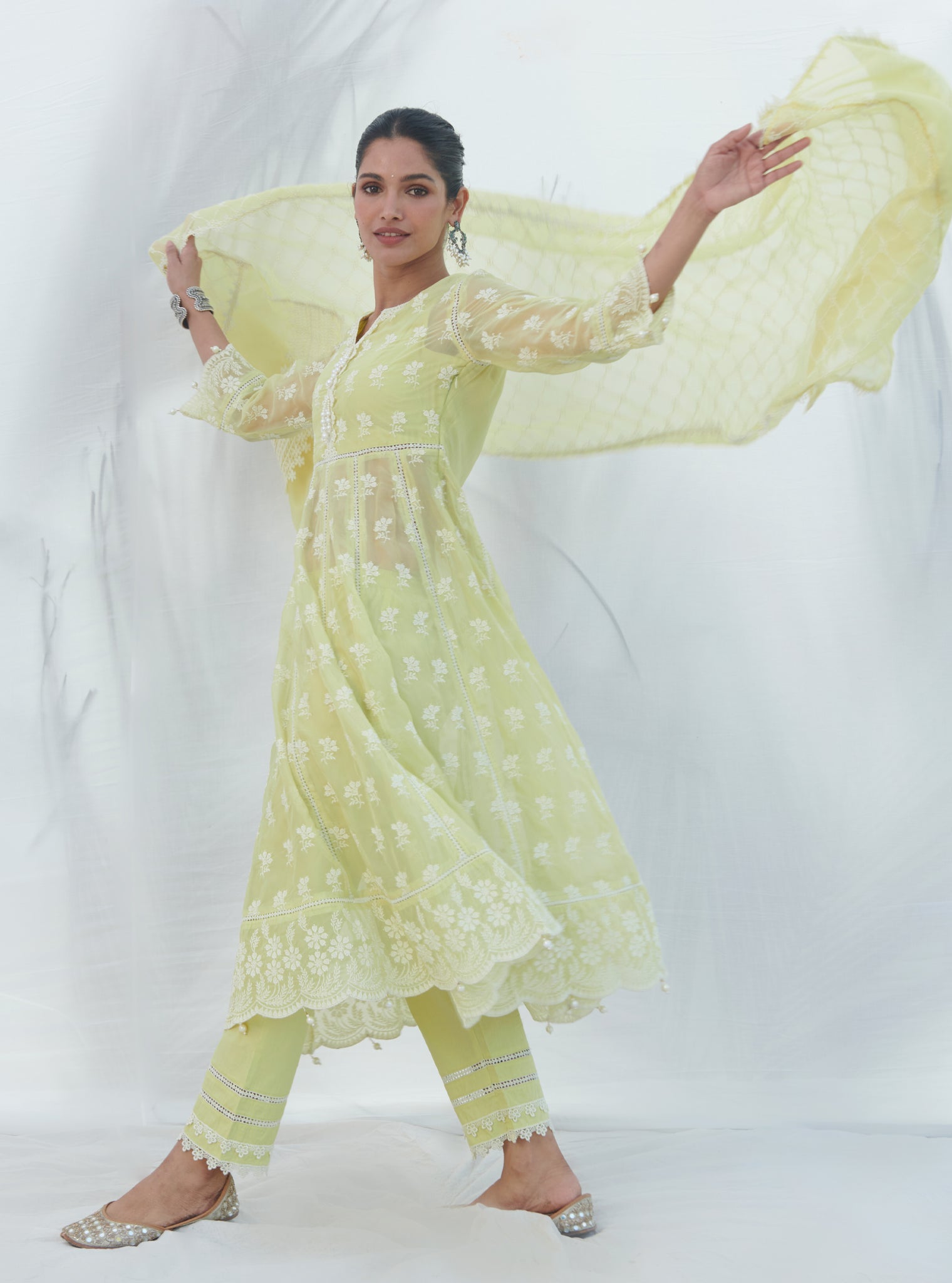 Surla Organza Lime Anarkali Kurta Set