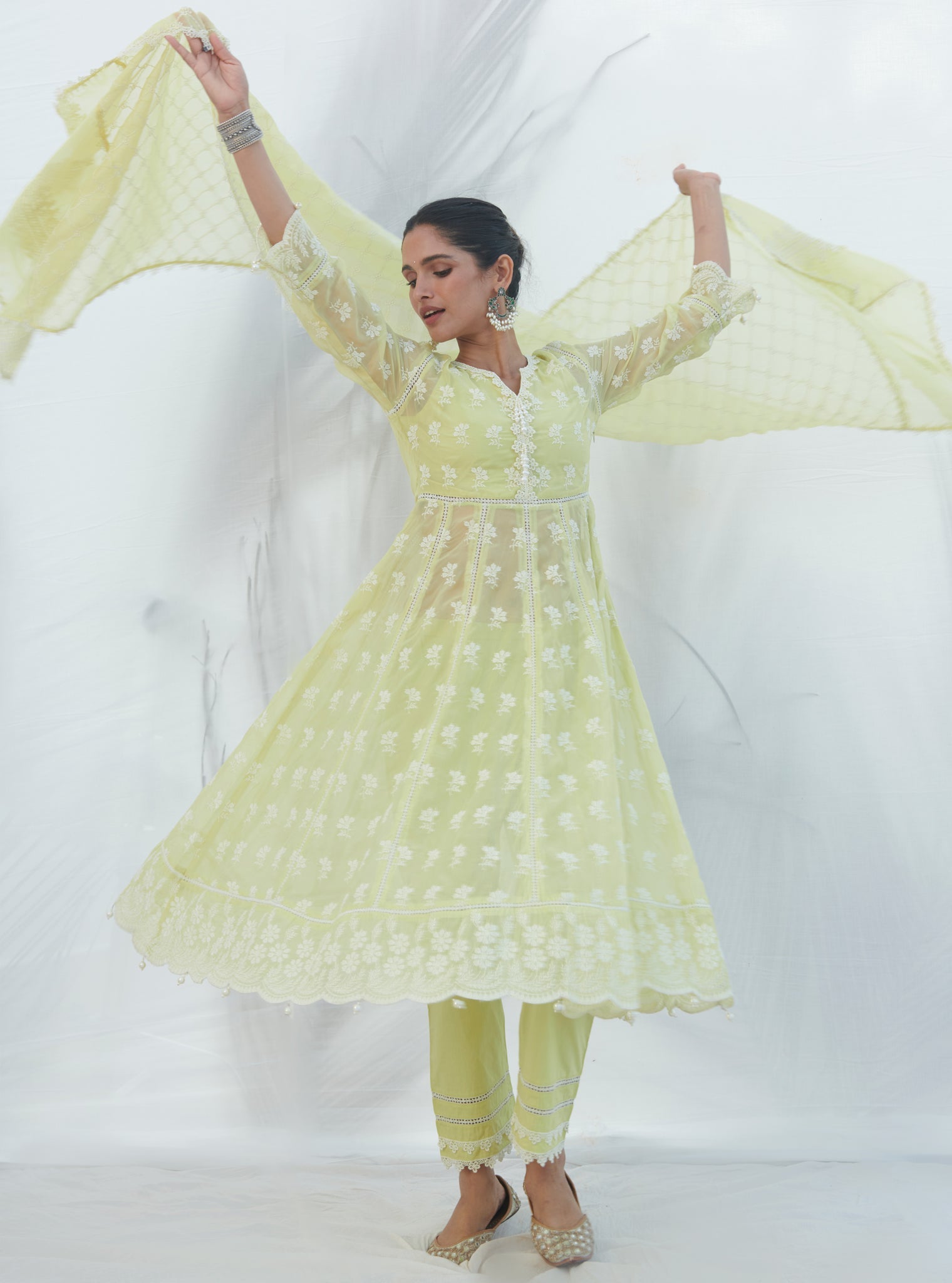 Surla Organza Lime Anarkali Kurta Set