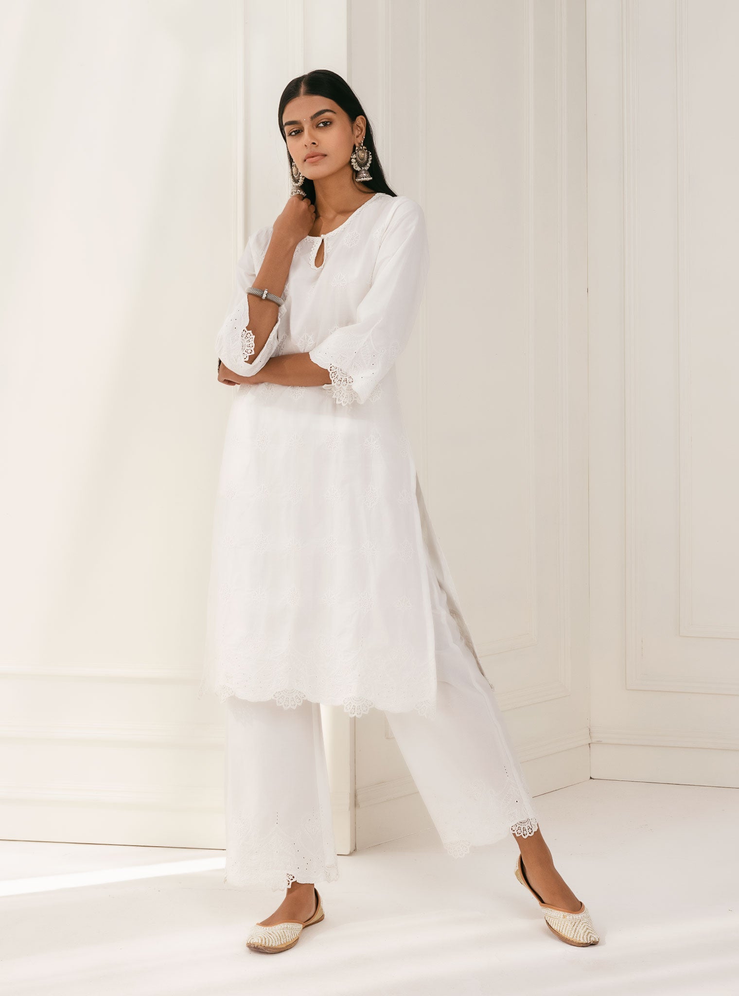 Tia Supima Cotton White Kurta with Palazzo Set