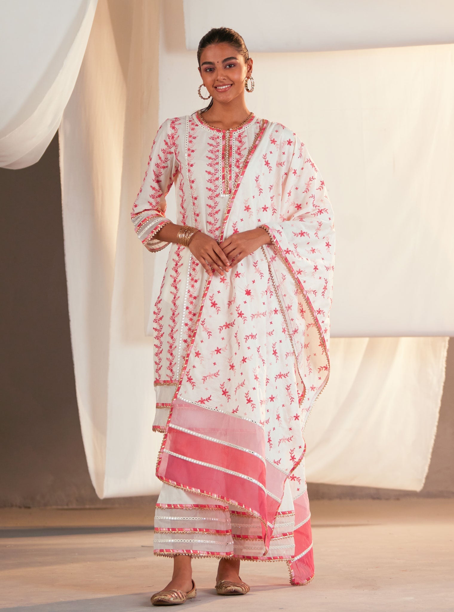 Tiana Supima Cotton Off White/Pink Kurta Set