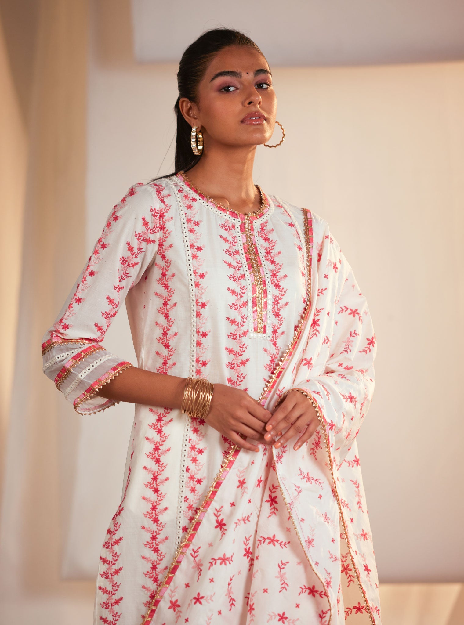 Tiana Supima Cotton Off White/Pink Kurta Set