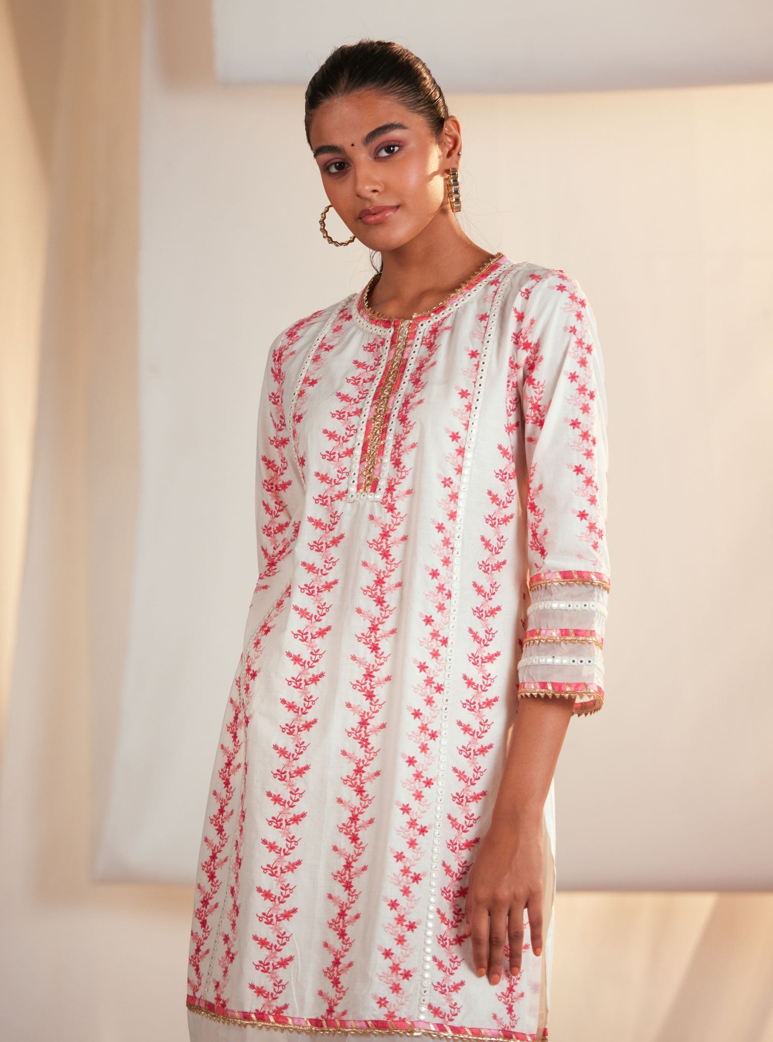 Tiana Supima Cotton Off White/Pink Kurta Set