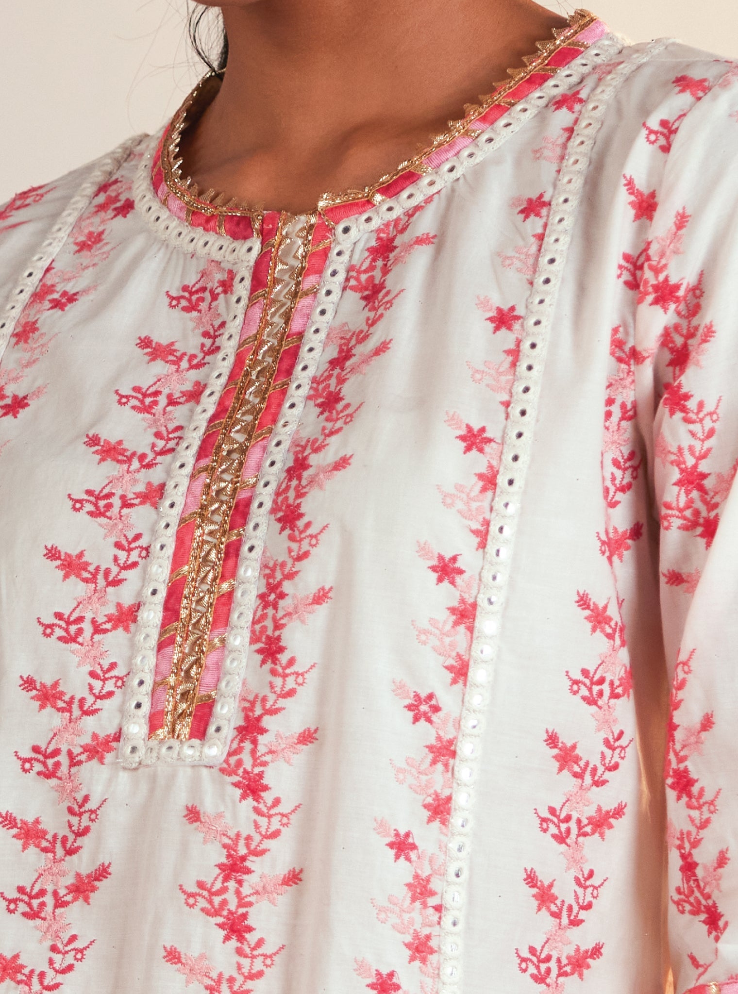 Tiana Supima Cotton Off White/Pink Kurta Set