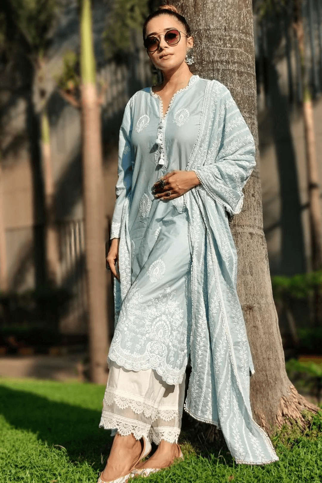Dreamscape Supima Cotton Light Blue Kurta with Palazzo Set