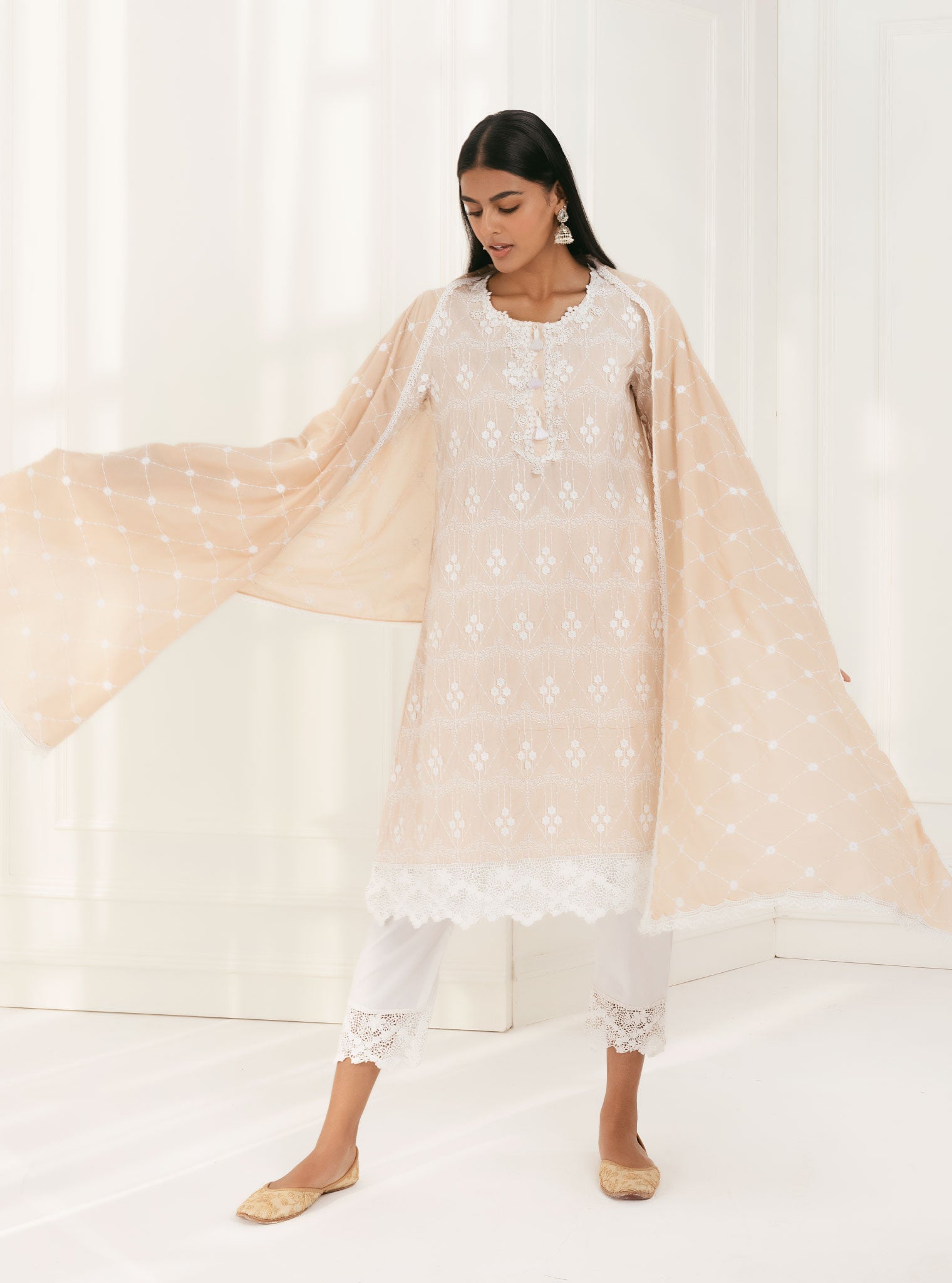 Mulmul Supima Cotton Tirchy Beige Kurta