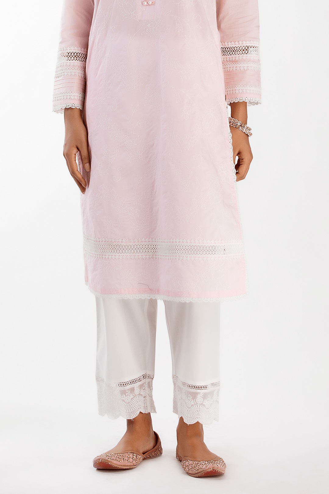 Mulmul Supima Cotton Floral Organza Pyajama White