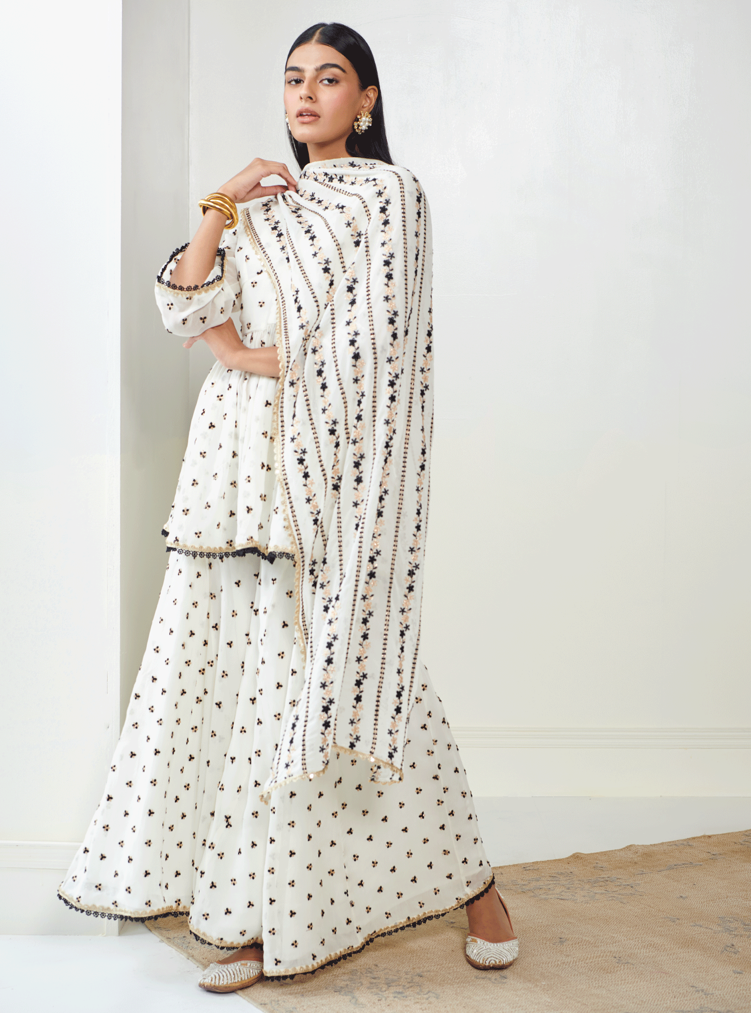 Isra Georgette Off White Kurta with Sharara Set