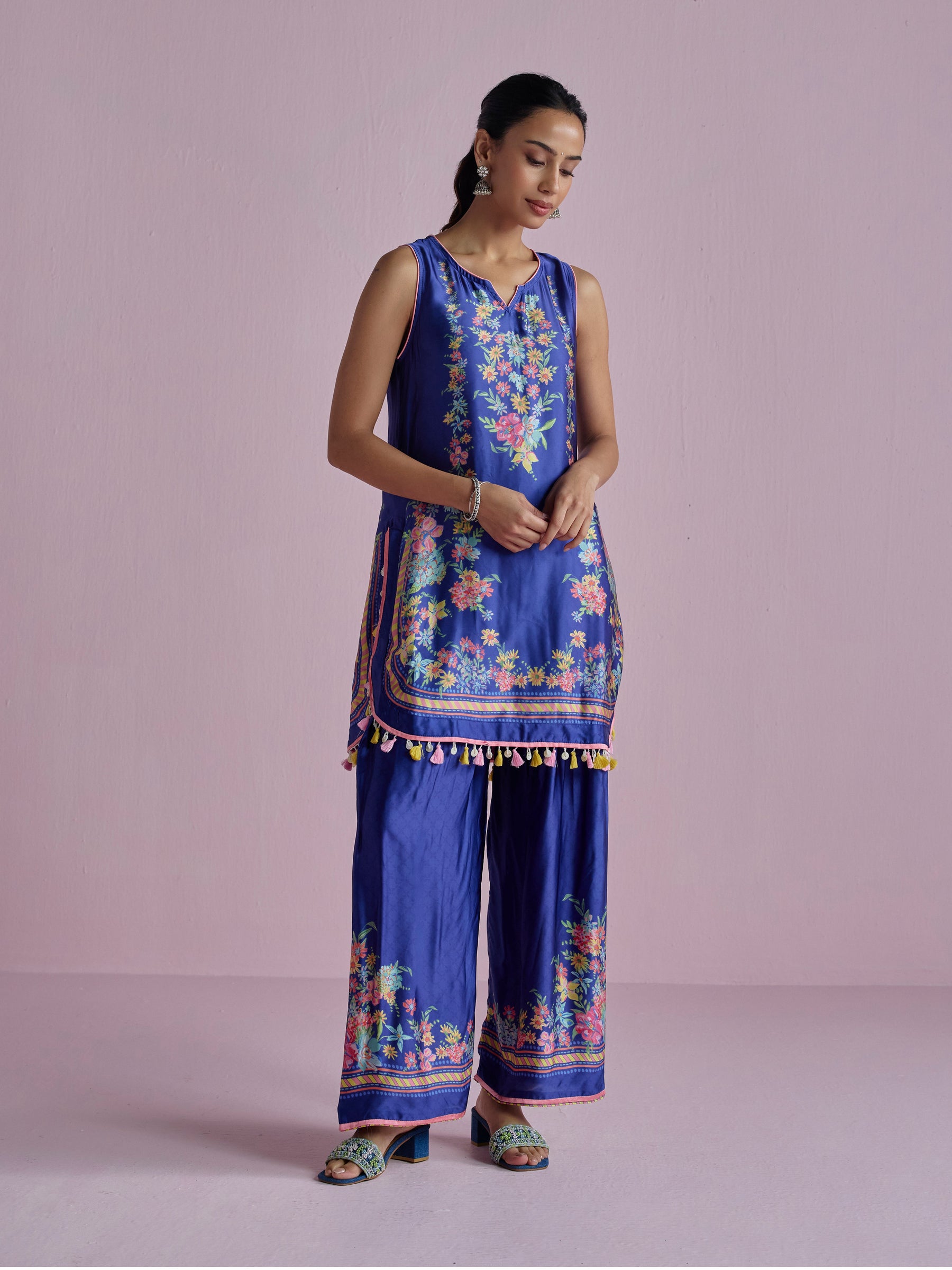 Zivae Cupro Satin Printed Navy Kurta Set