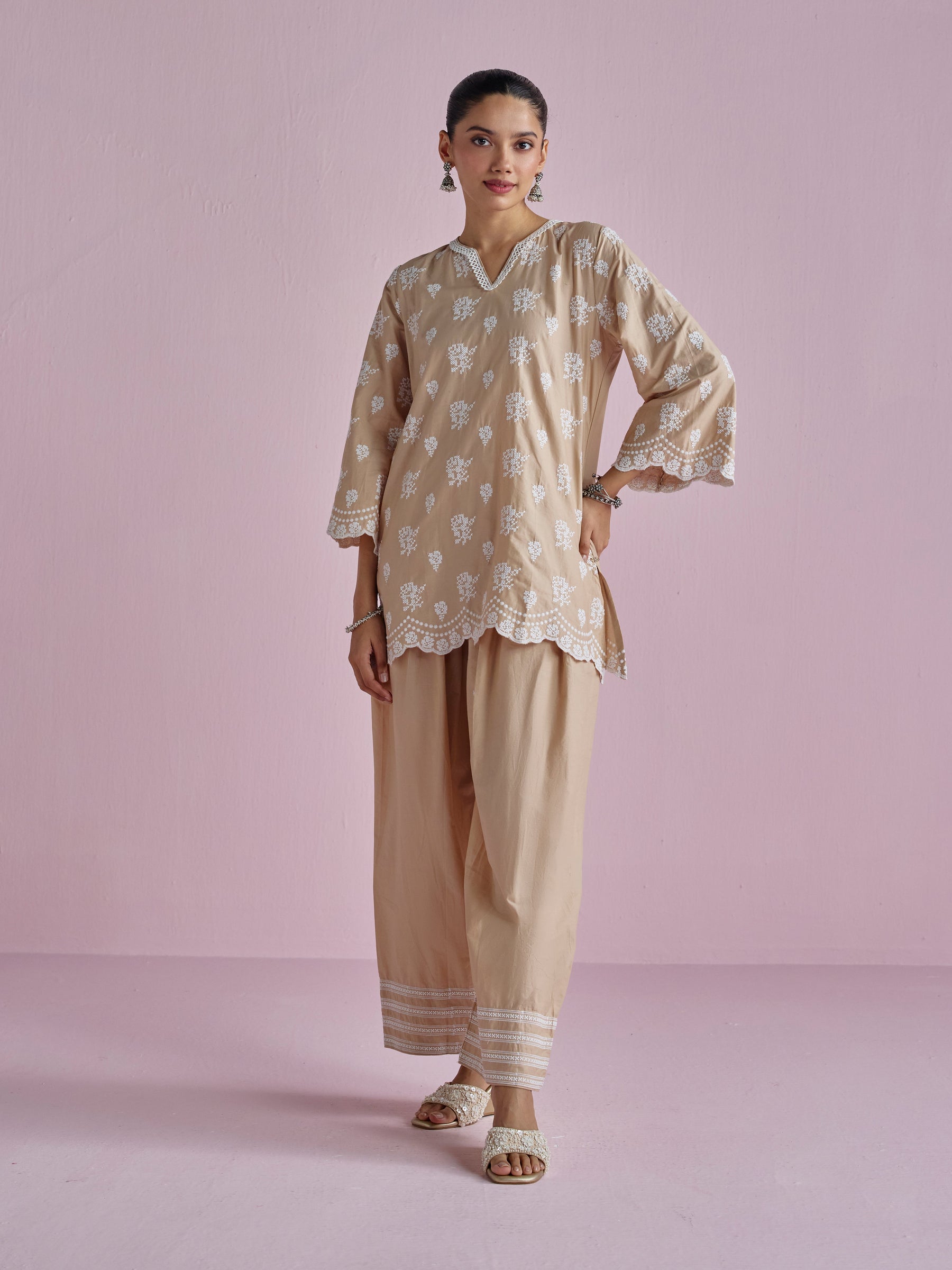 Aviya Supima Cotton Beige Kurta With Farshi Salwar