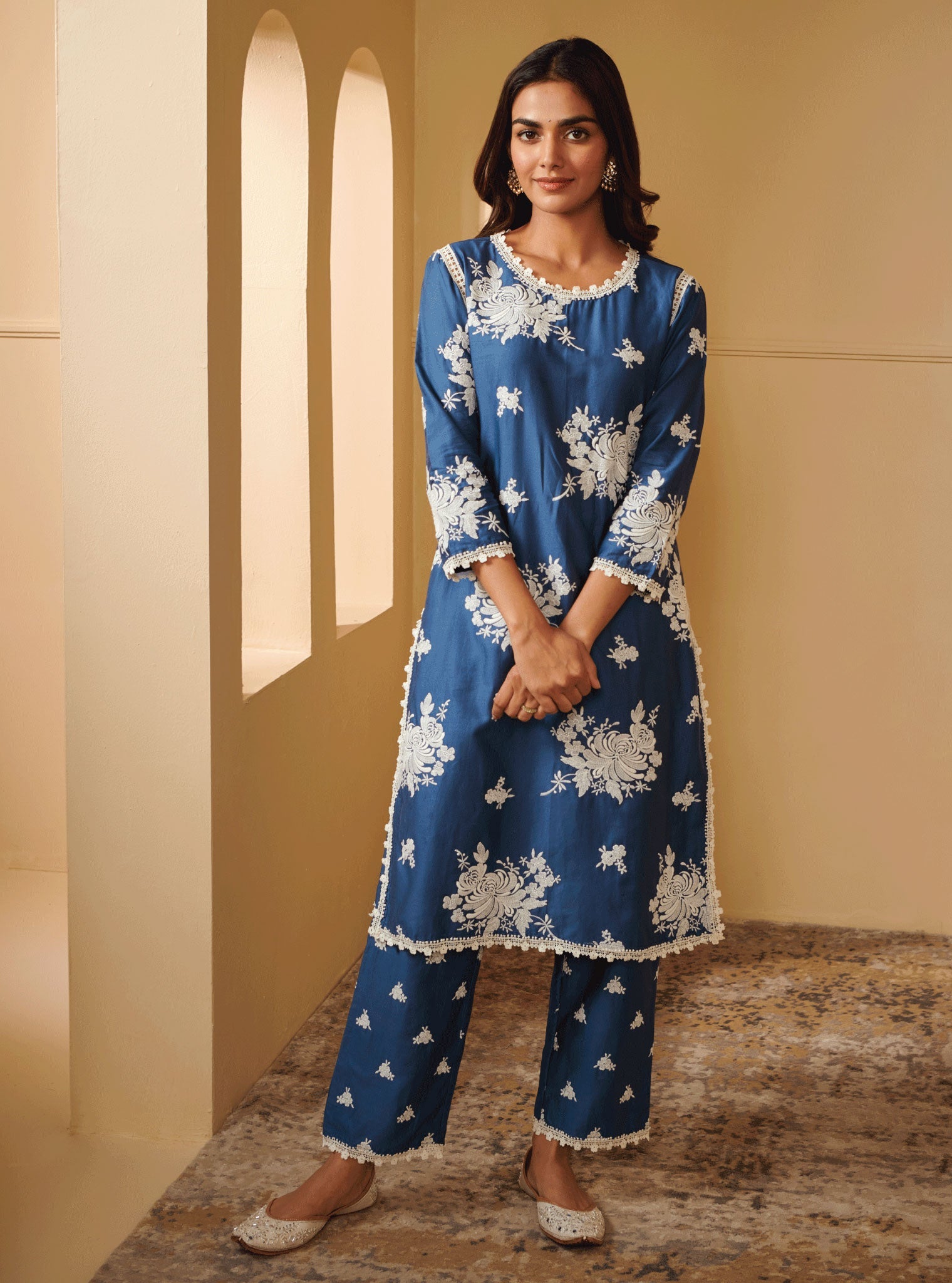 Sutlej Pima Satin Navy Kurta Set
