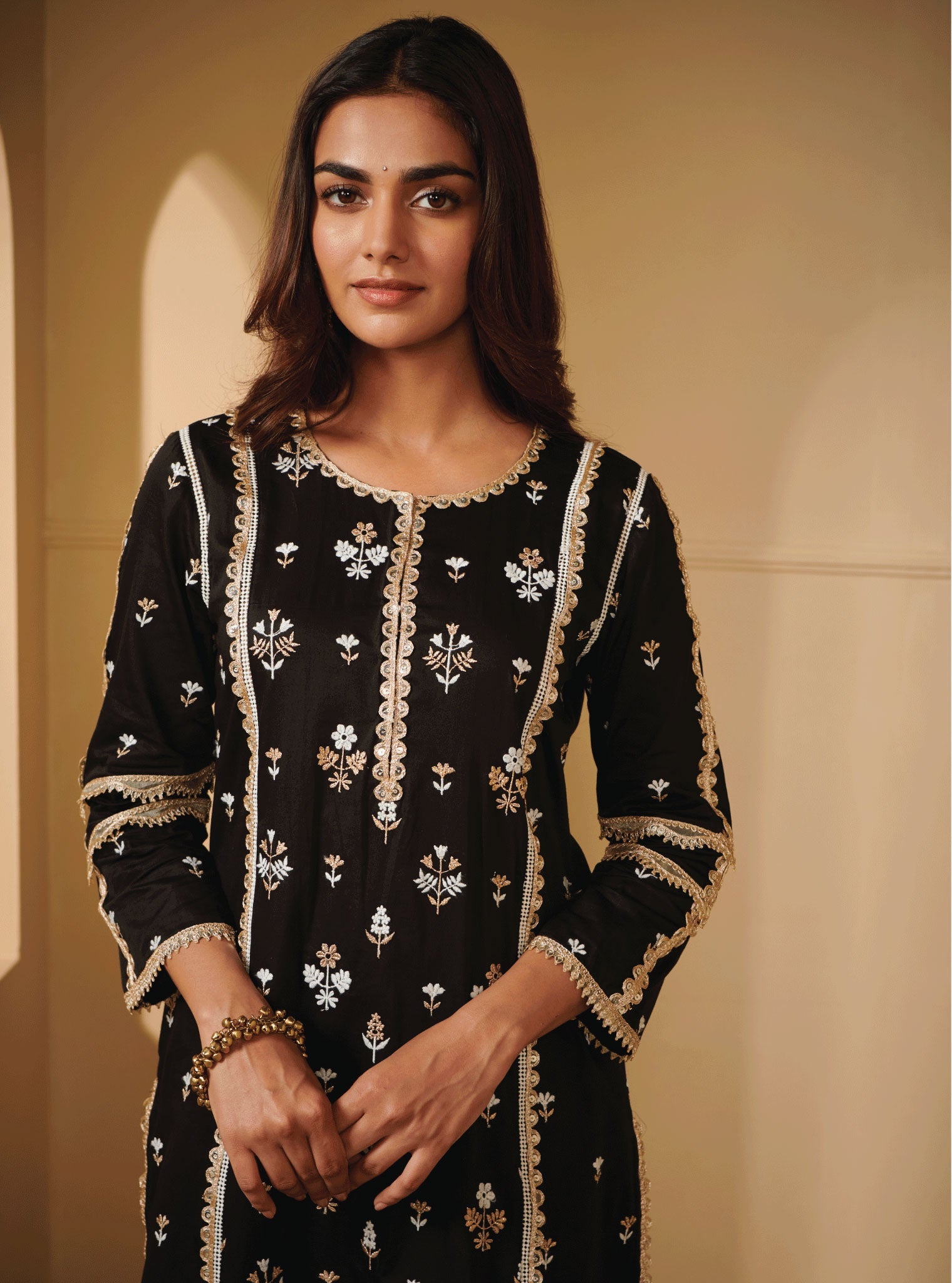 Kaveri Pima Satin Black Kurta Set