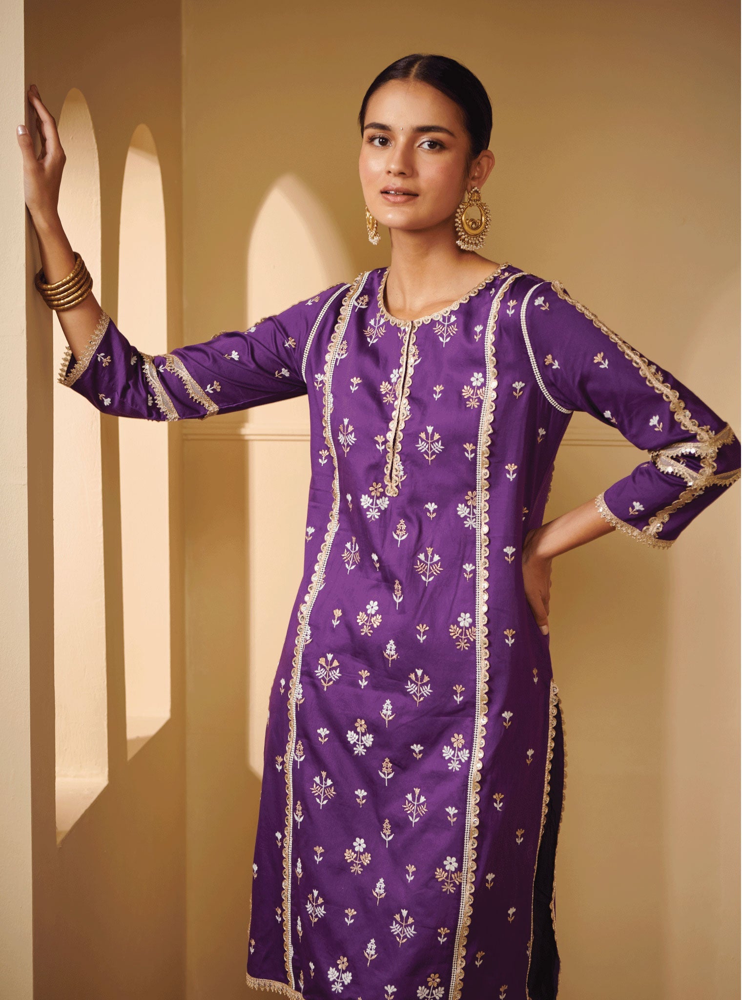 Kaveri Pima Satin Purple Kurta Set