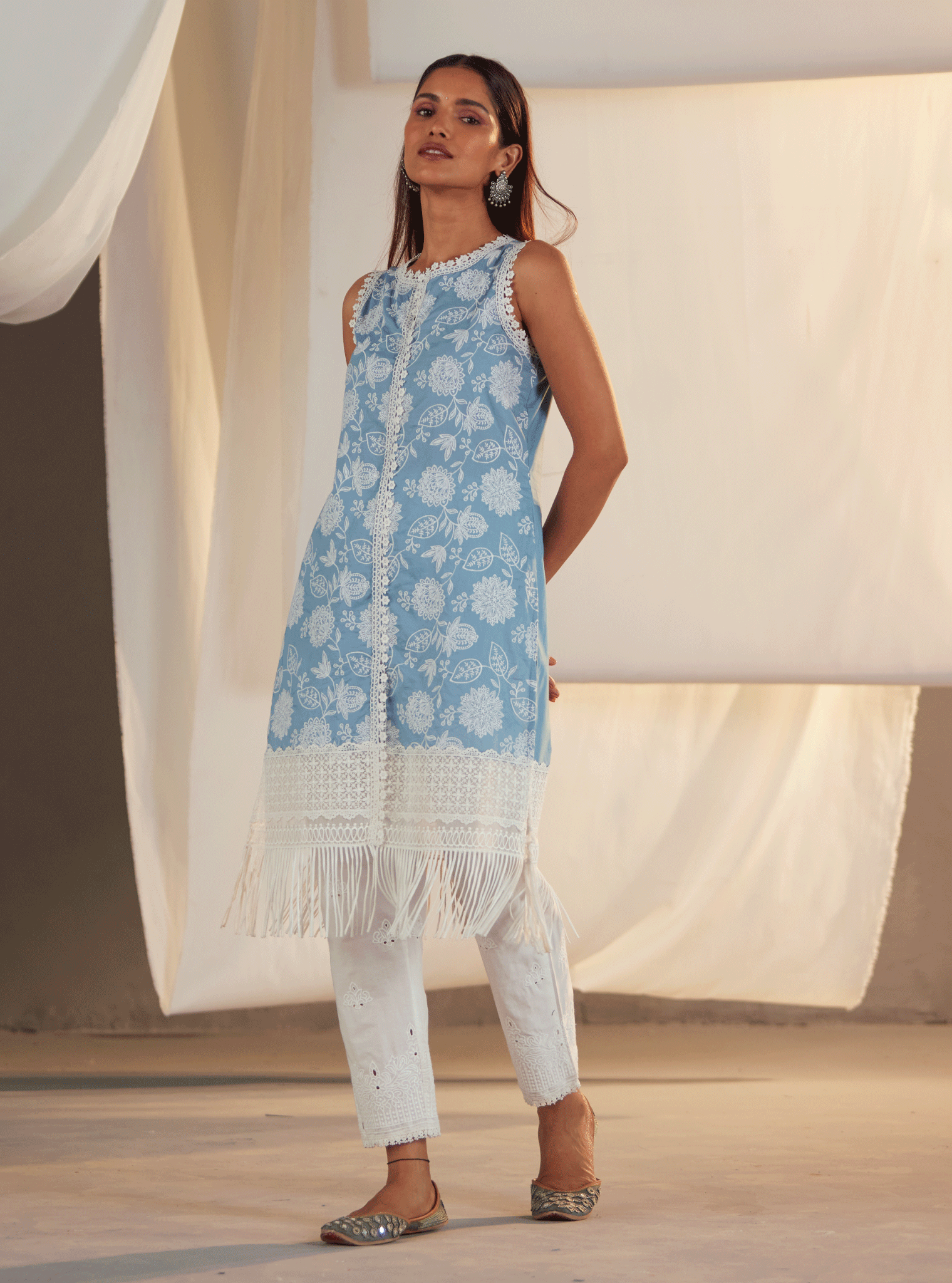 Mulmul Supima Cotton kygo Teal Kurta