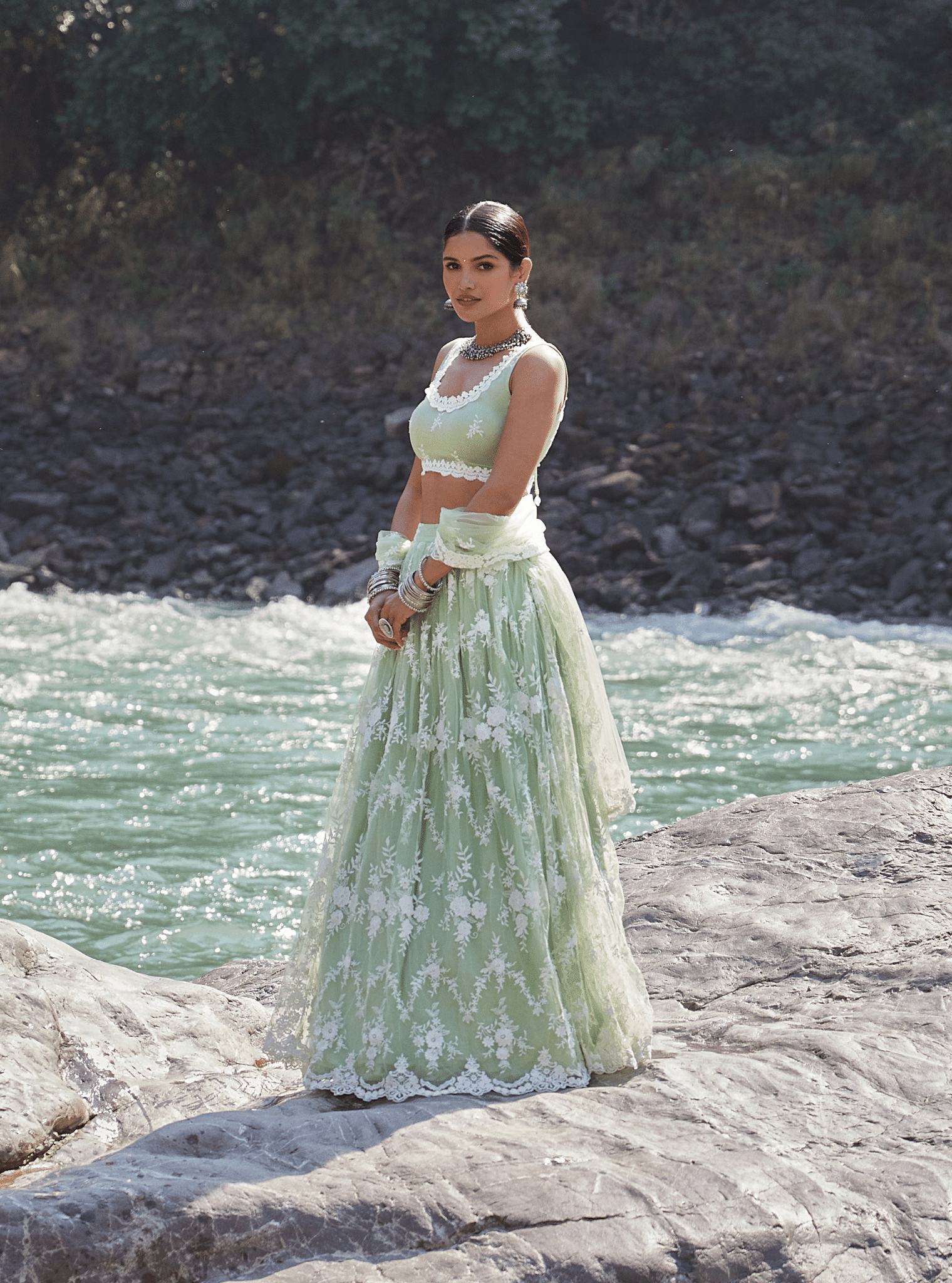 Almora Green Net Lehenga Set