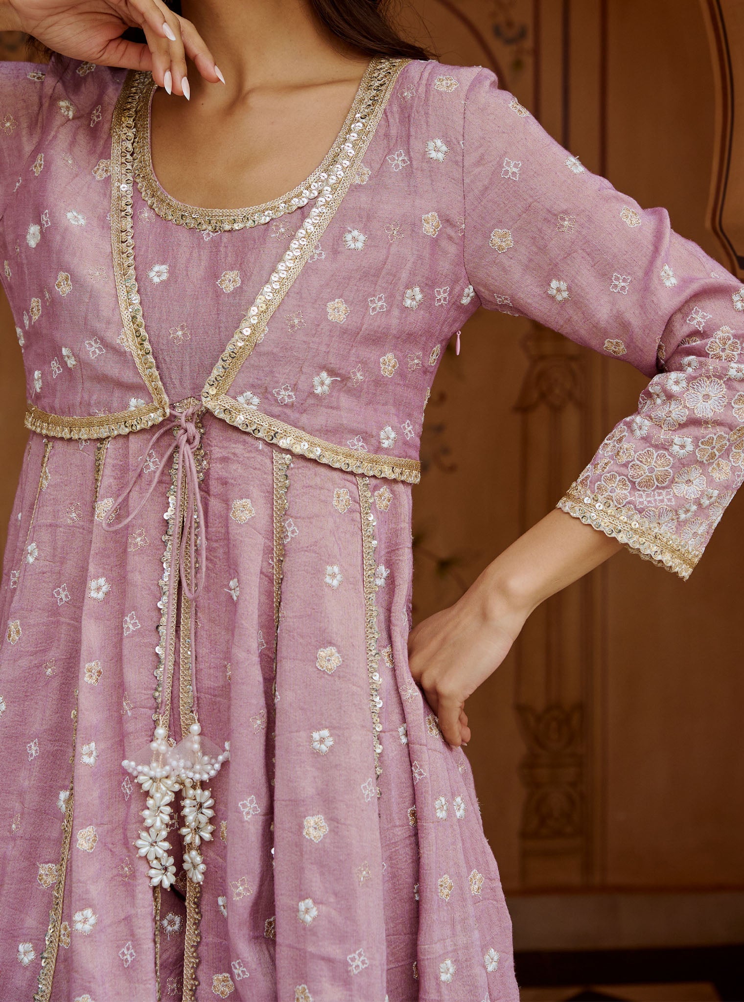 Sajeya Tissue Satin Lilac Anarkali Kurta Set