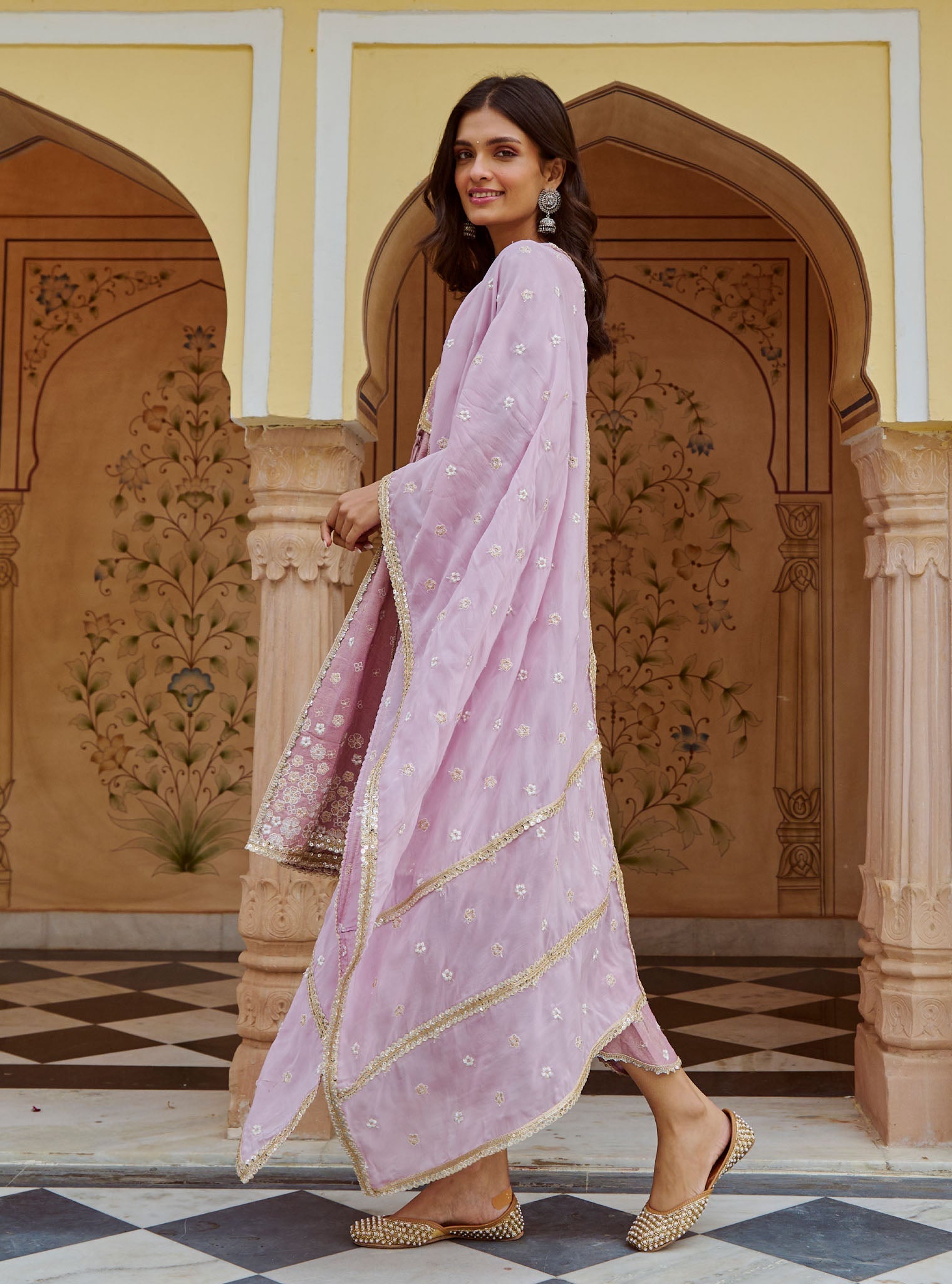 Sajeya Tissue Satin Lilac Anarkali Kurta Set