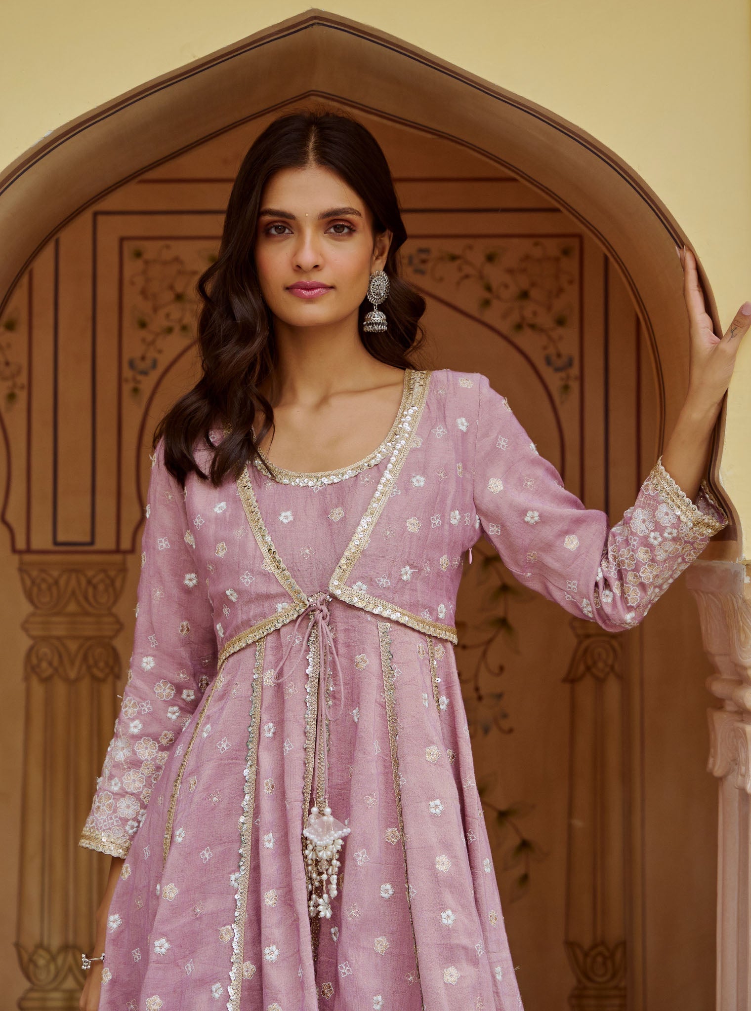 Sajeya Tissue Satin Lilac Anarkali Kurta Set