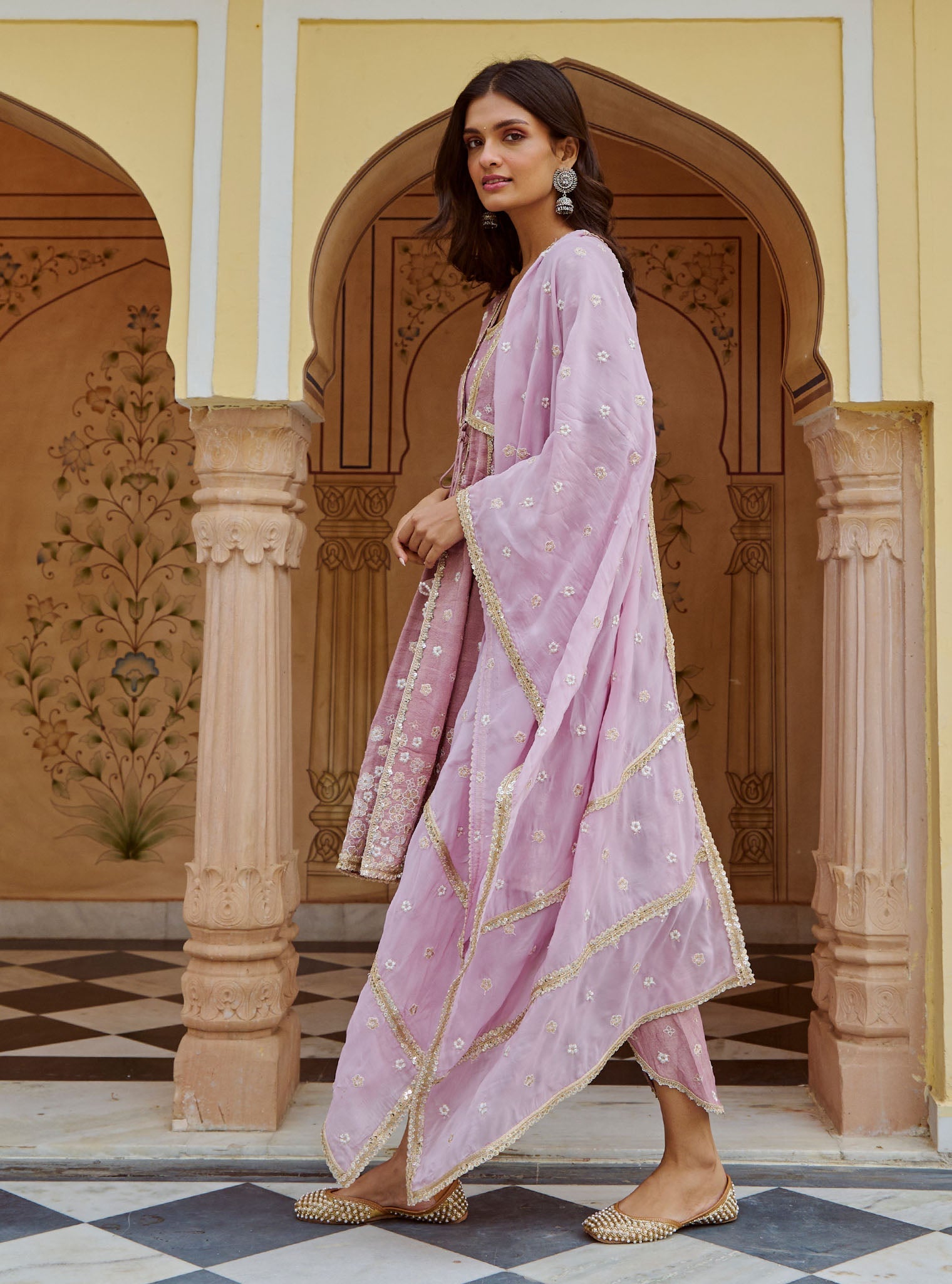 Sajeya Tissue Satin Lilac Anarkali Kurta Set