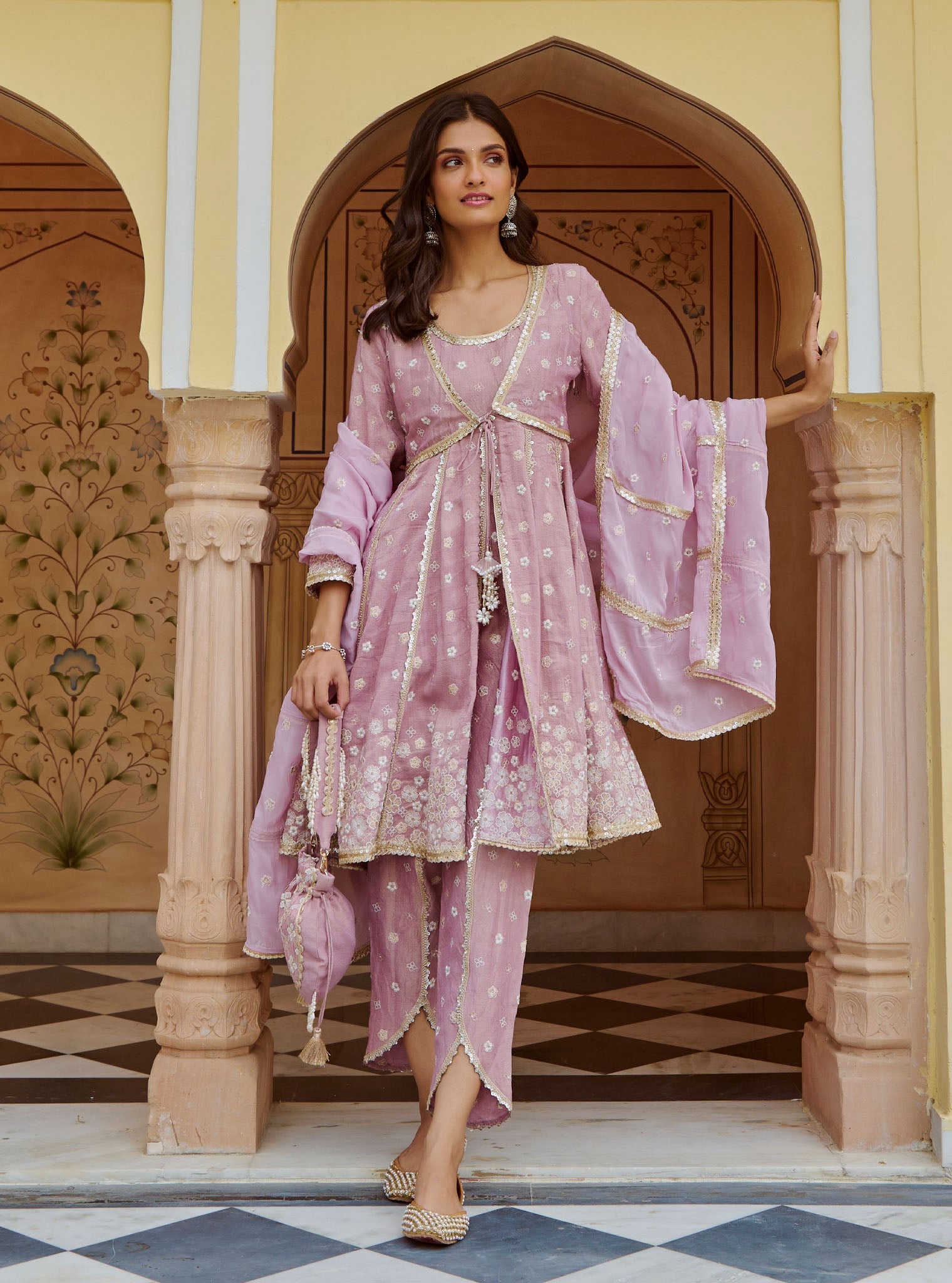 Sajeya Tissue Satin Lilac Anarkali Kurta Set