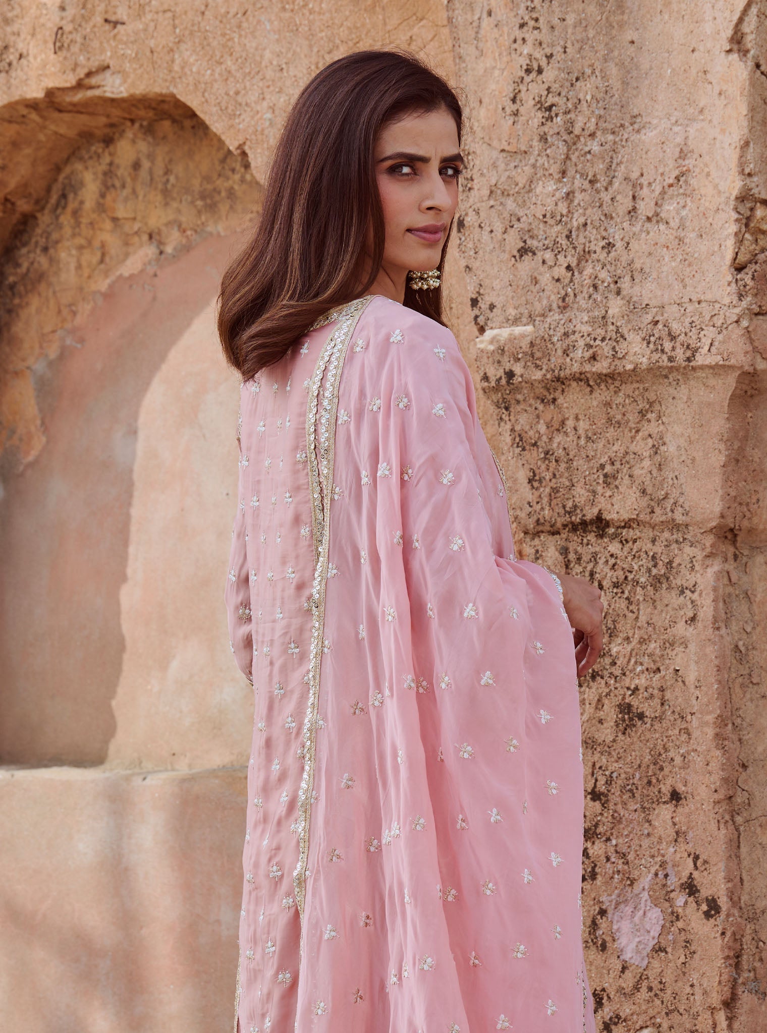 Kundmayi Organza Satin Light Pink Kurta with Palazzo Set