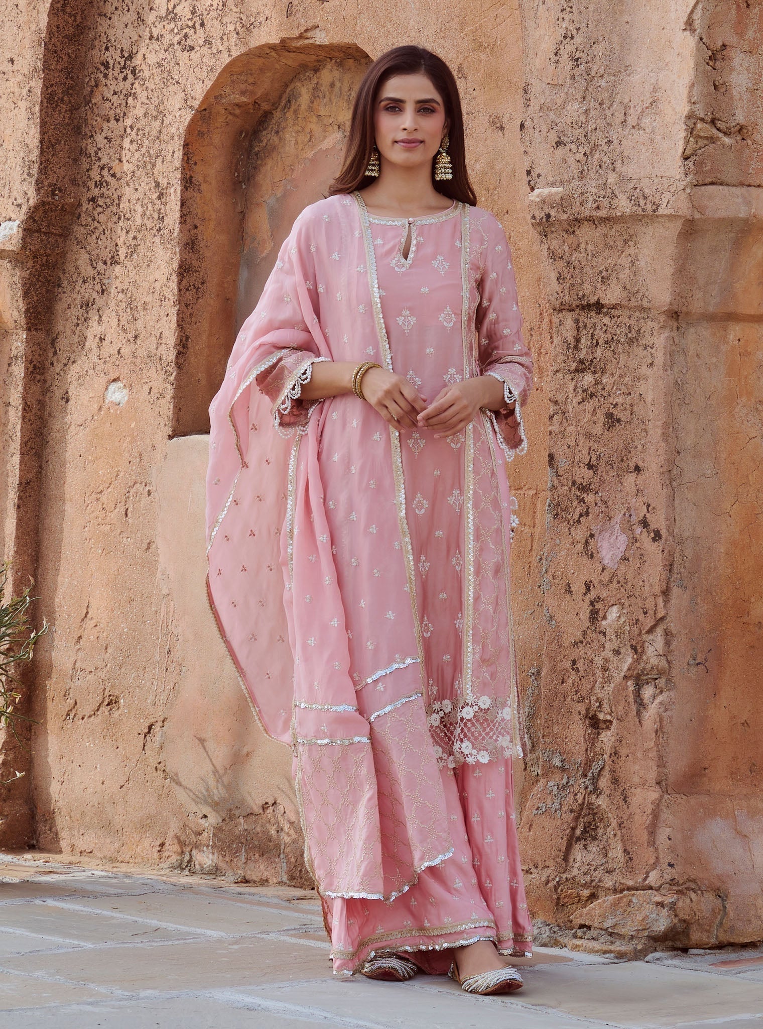 Kundmayi Organza Satin Light Pink Kurta with Palazzo Set