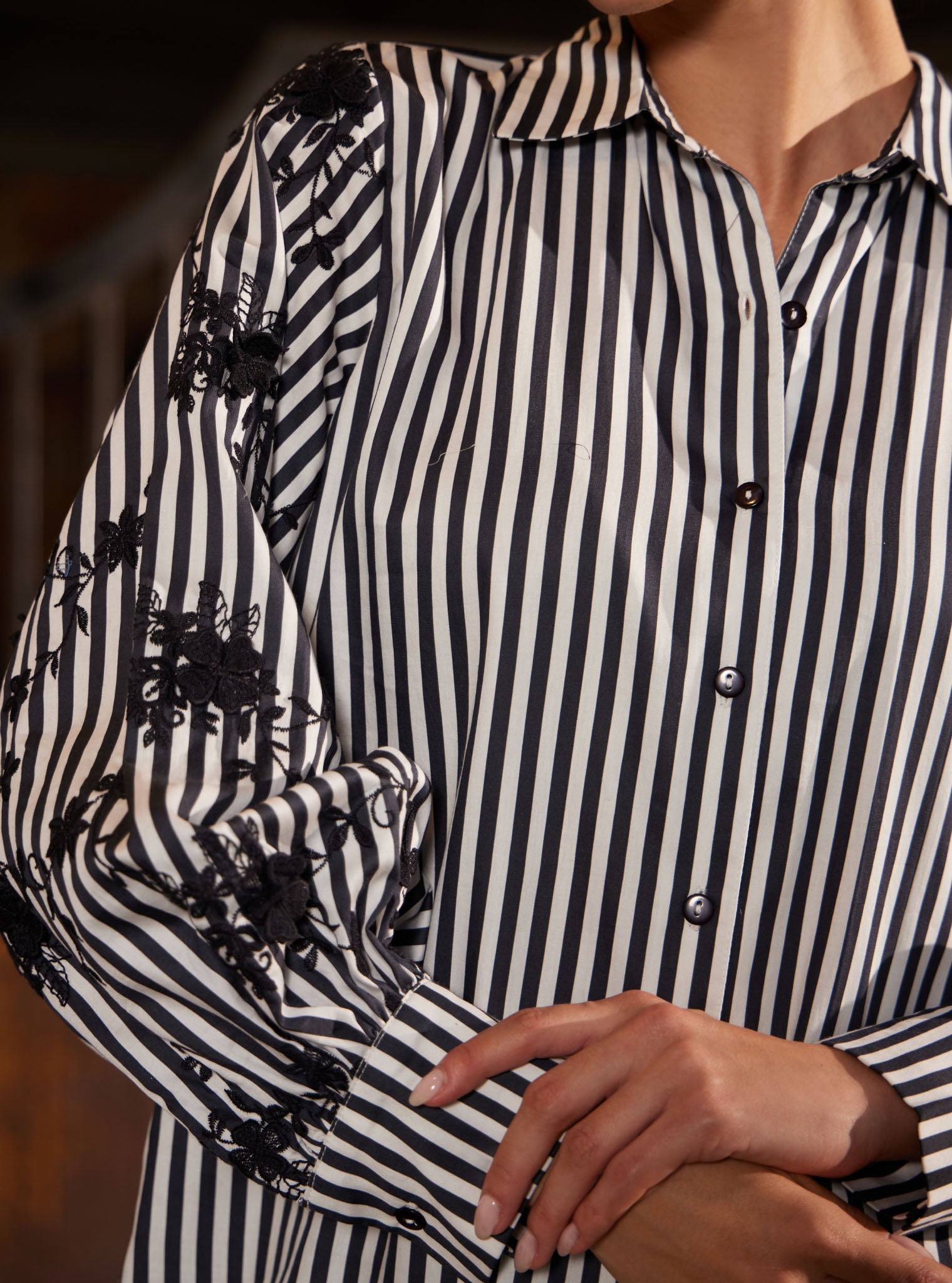 Astraea Pima Stripe Printed Black Shirt