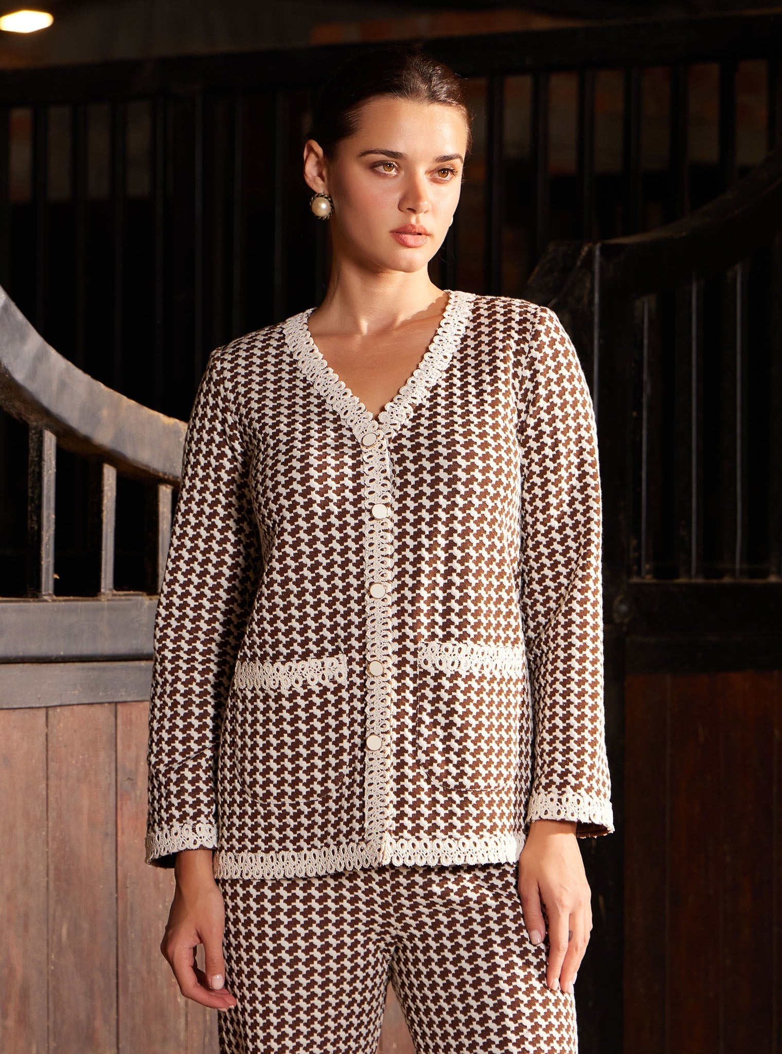 Larisa Houndstooth Brown Co-ord Set