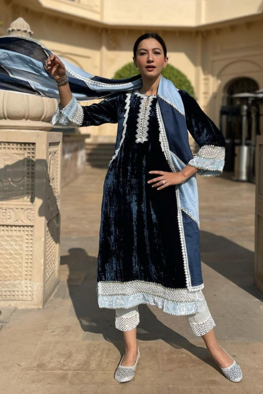 Makhmal Birch Kurta with Olive Navy Pyajama