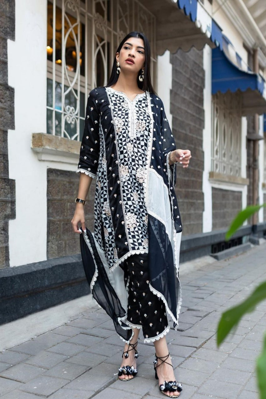 Derby Cupro Silk Black Kurta Set