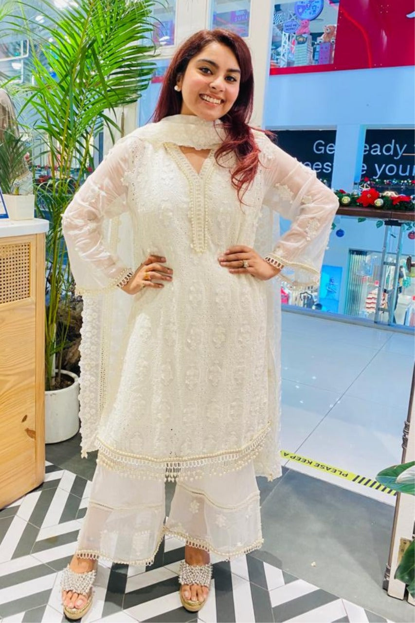 Savannah Tencel Luxe Organza Off White Kurta Set