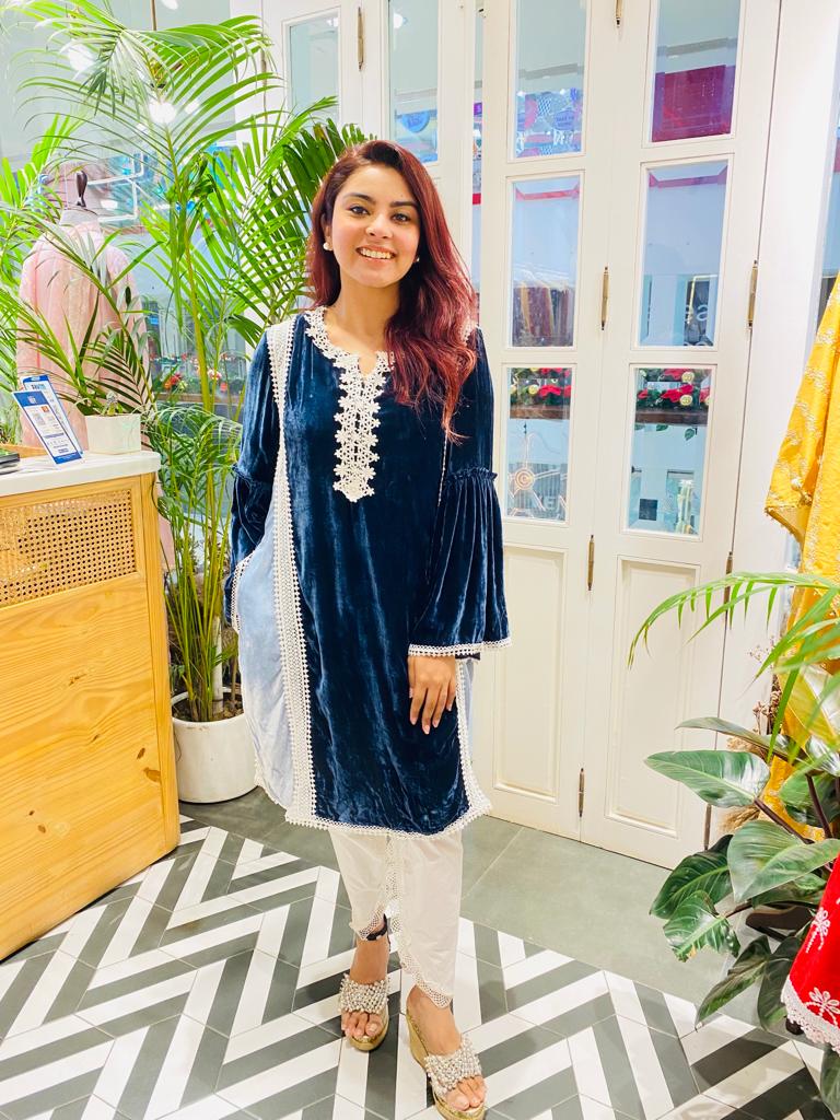 Makhmal Olive Blue Kurta With Mulmul Supima Cotton Scallop Dhoti