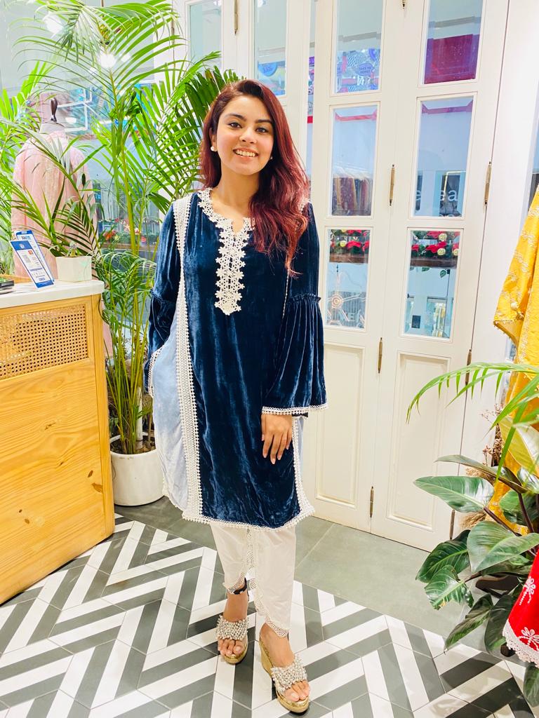 Makhmal Olive Blue Kurta With Mulmul Supima Cotton Scallop Dhoti