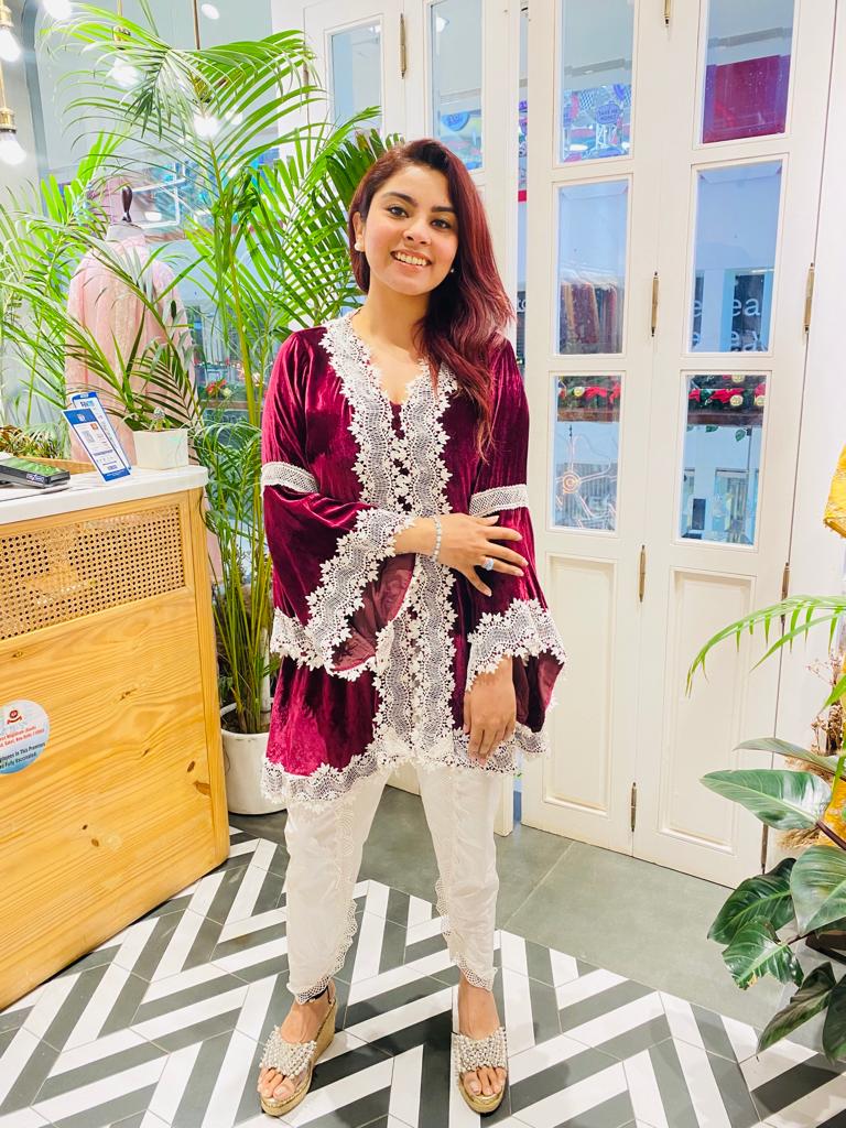 Makhmal Pine Wine Kurta With Supima Cotton Scallop Dhoti