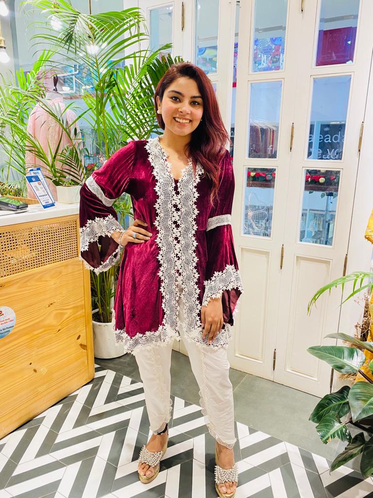 Makhmal Pine Wine Kurta With Supima Cotton Scallop Dhoti