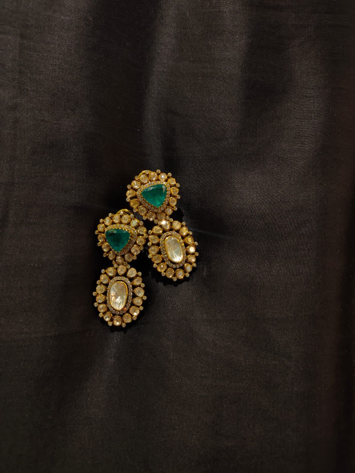 Pure Silver Polki Emerald Earrings