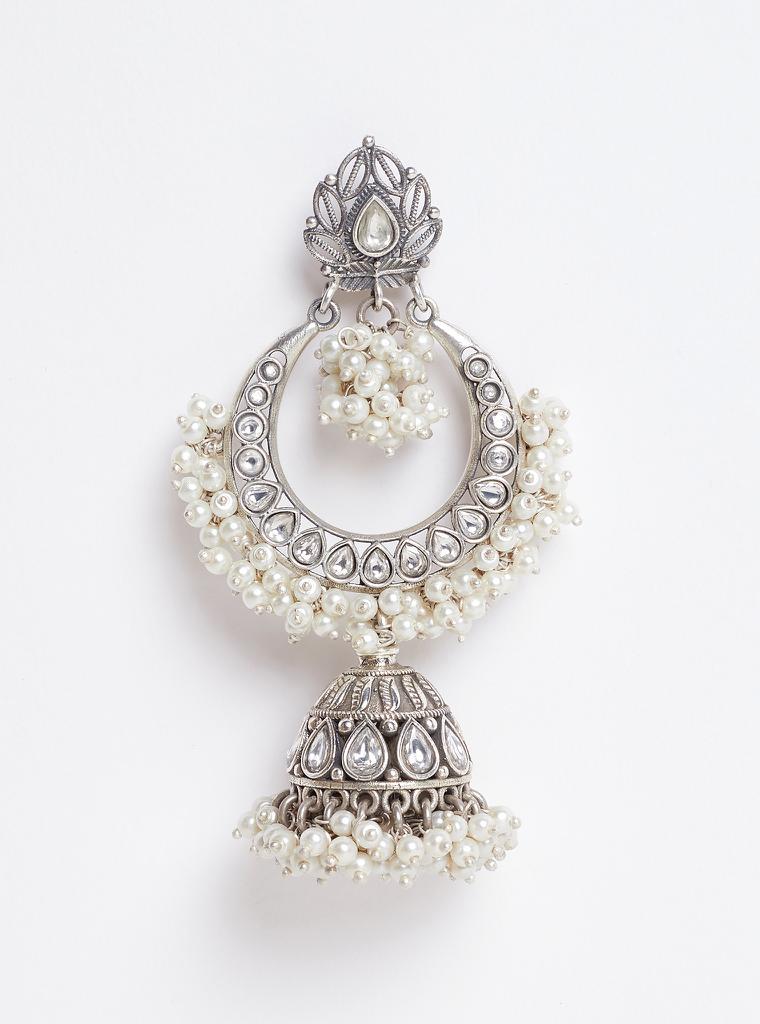Pure Silver Crystal Pearl Chandbali