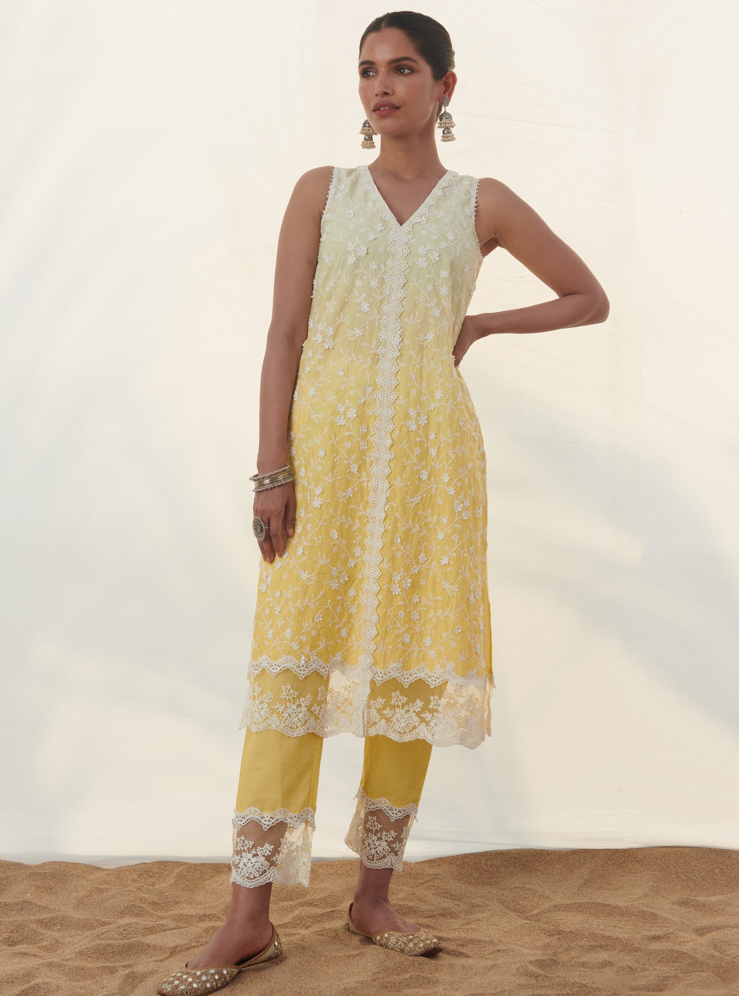 Zuari Supima Cotton Yellow Kurta Set