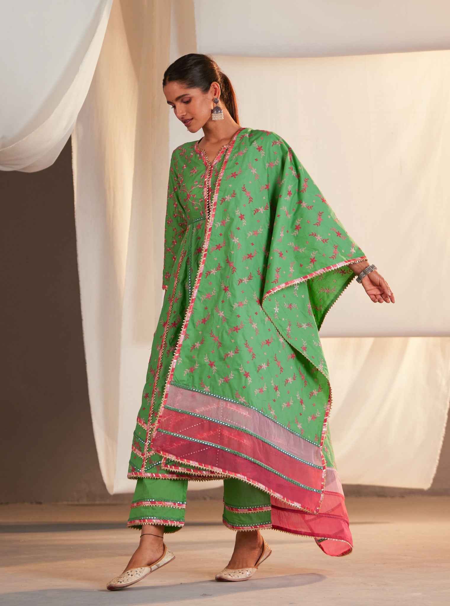 Ayla Supima Cotton Green Anarkali Kurta Set
